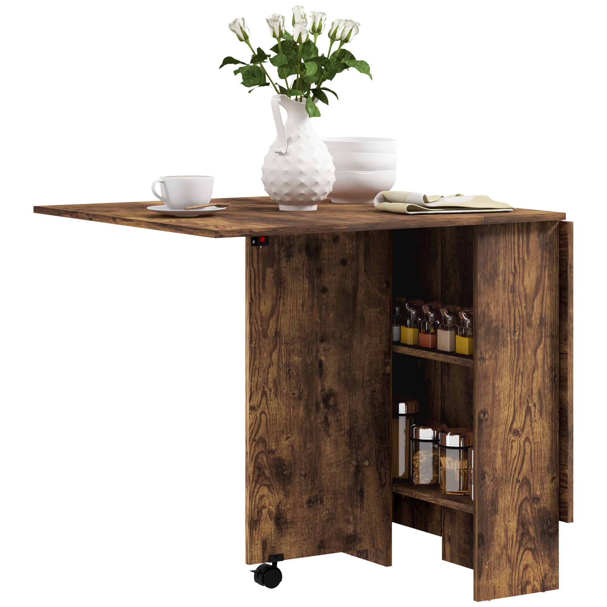 HOMCOM Folding Dining Table, Drop Leaf Table for Small Spaces with 2-tier Shelves, Small Kitchen Table with Rolling Casters, Rustic Brown