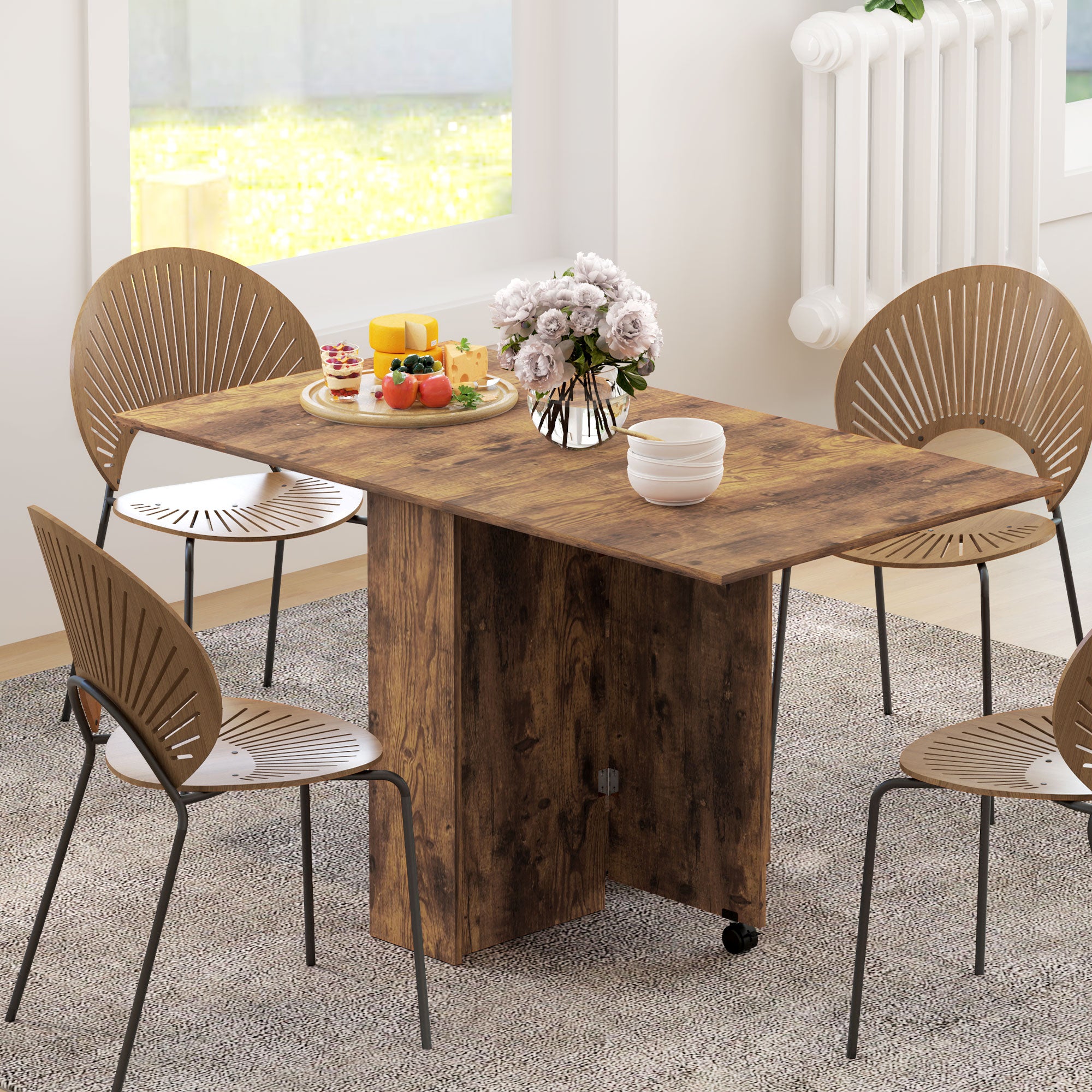 HOMCOM Folding Dining Table, Drop Leaf Table for Small Spaces with 2-tier Shelves, Small Kitchen Table with Rolling Casters, Rustic Brown