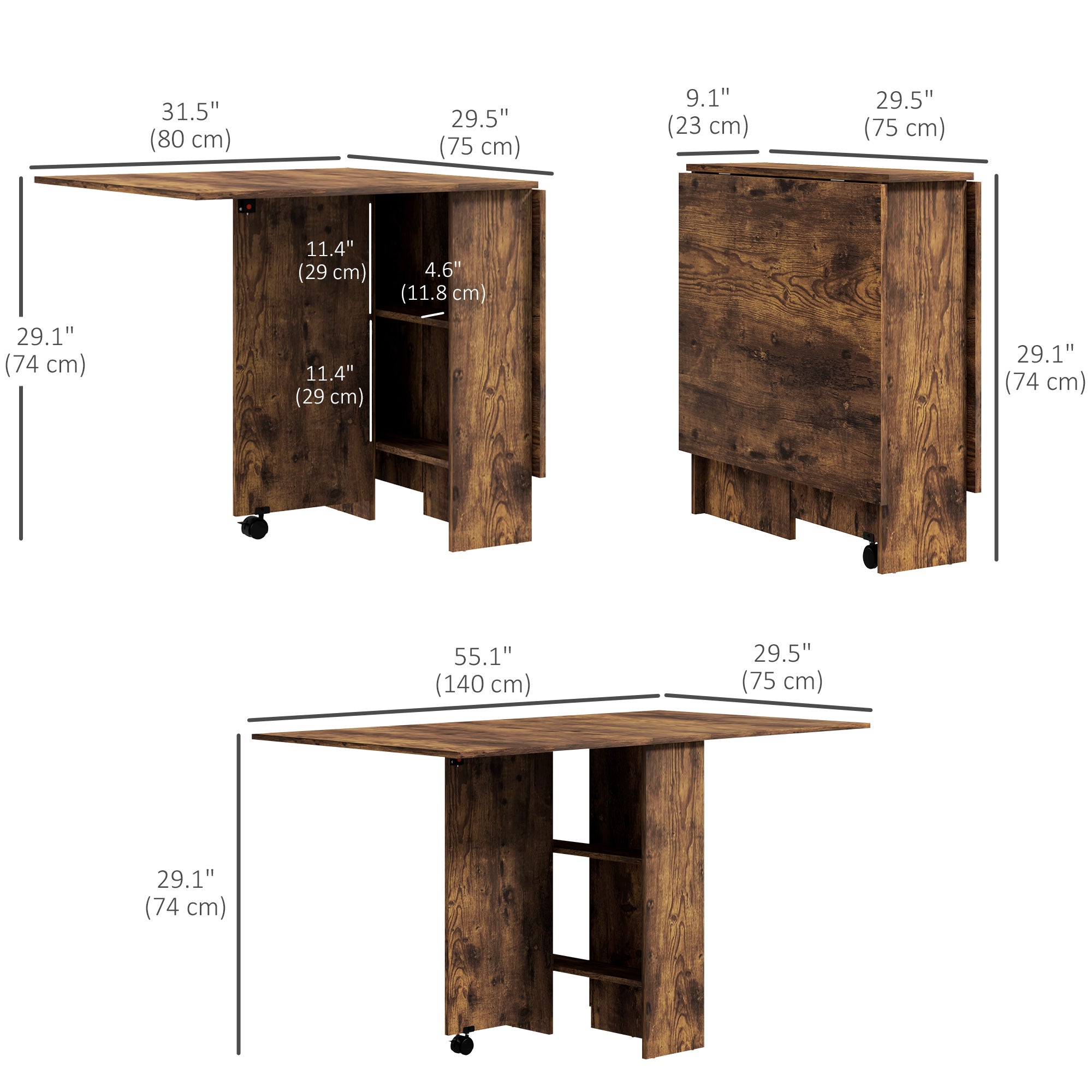 HOMCOM Folding Dining Table, Drop Leaf Table for Small Spaces with 2-tier Shelves, Small Kitchen Table with Rolling Casters, Rustic Brown