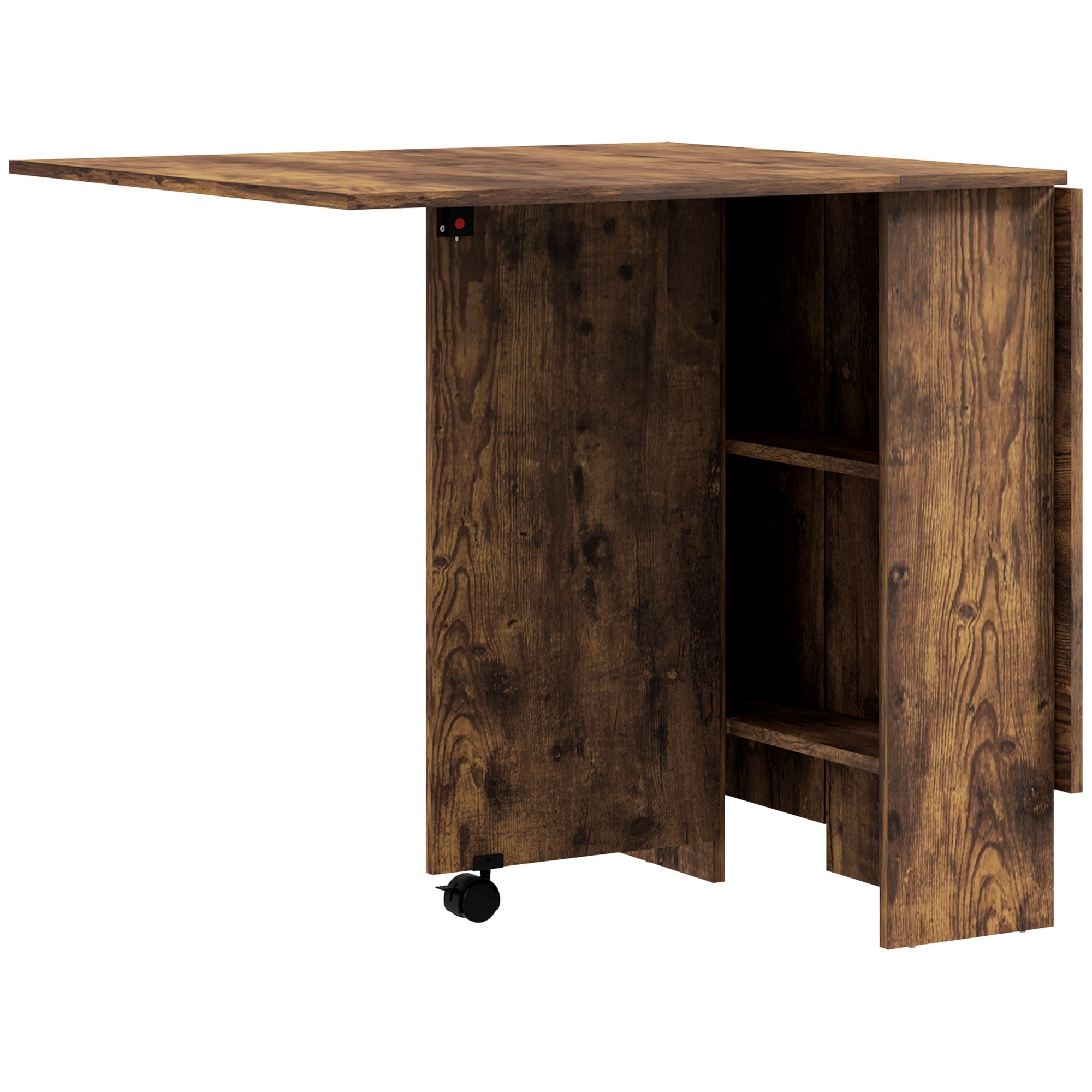 HOMCOM Folding Dining Table, Drop Leaf Table for Small Spaces with 2-tier Shelves, Small Kitchen Table with Rolling Casters, Rustic Brown