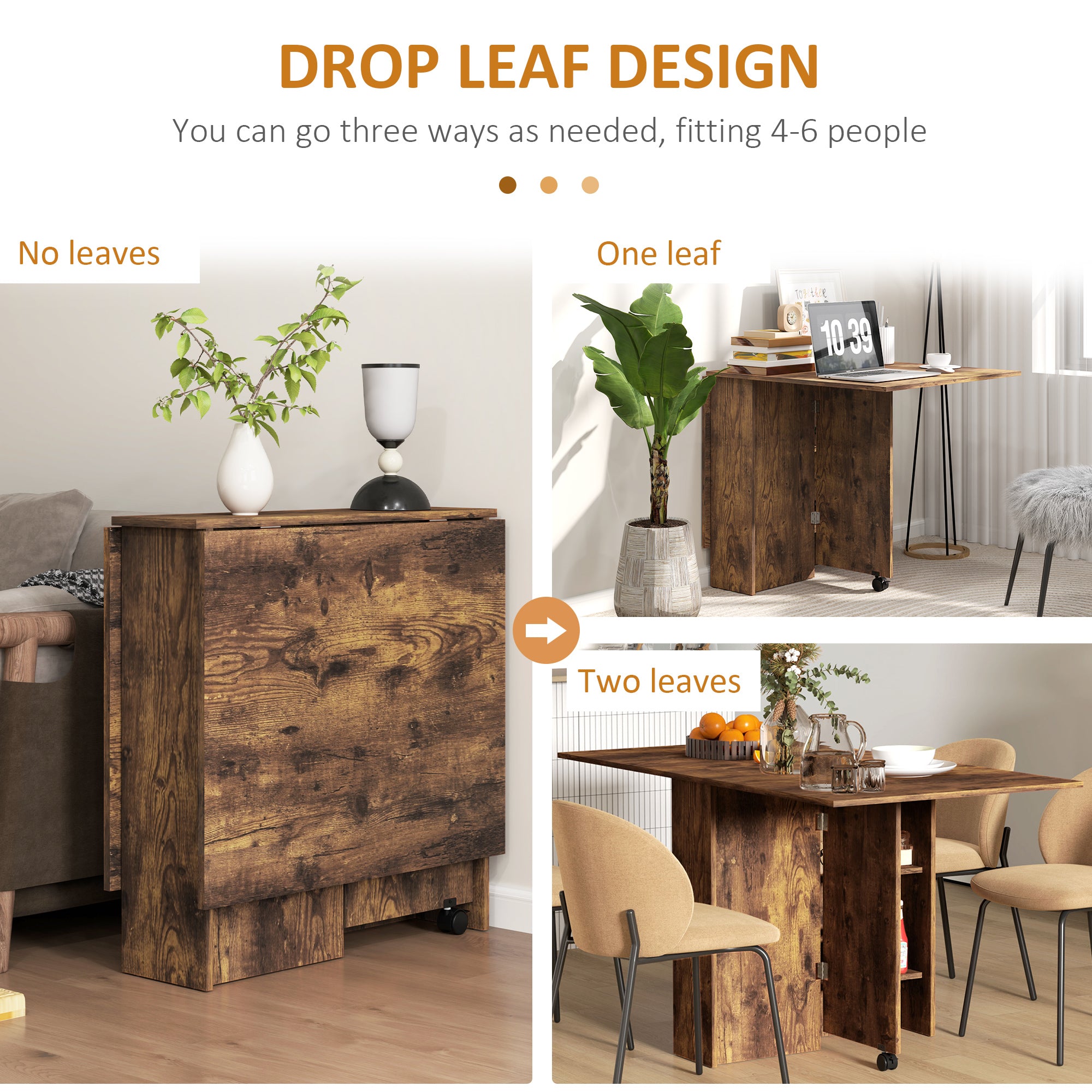 HOMCOM Folding Dining Table, Drop Leaf Table for Small Spaces with 2-tier Shelves, Small Kitchen Table with Rolling Casters, Rustic Brown