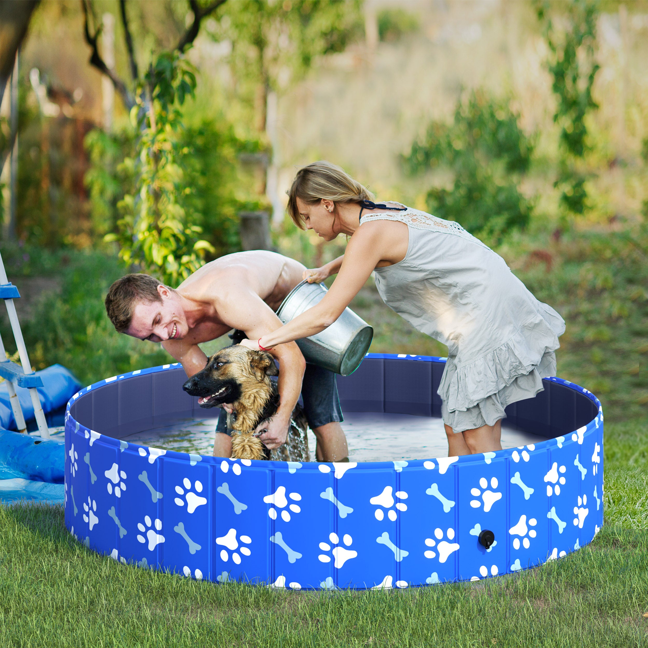 PawHut Foldable Pet Swimming Pool, Portable Dog Bathing Tub, 12" x 55" Plastic Large Dog Pool for Outdoor Dogs and Cats, Blue