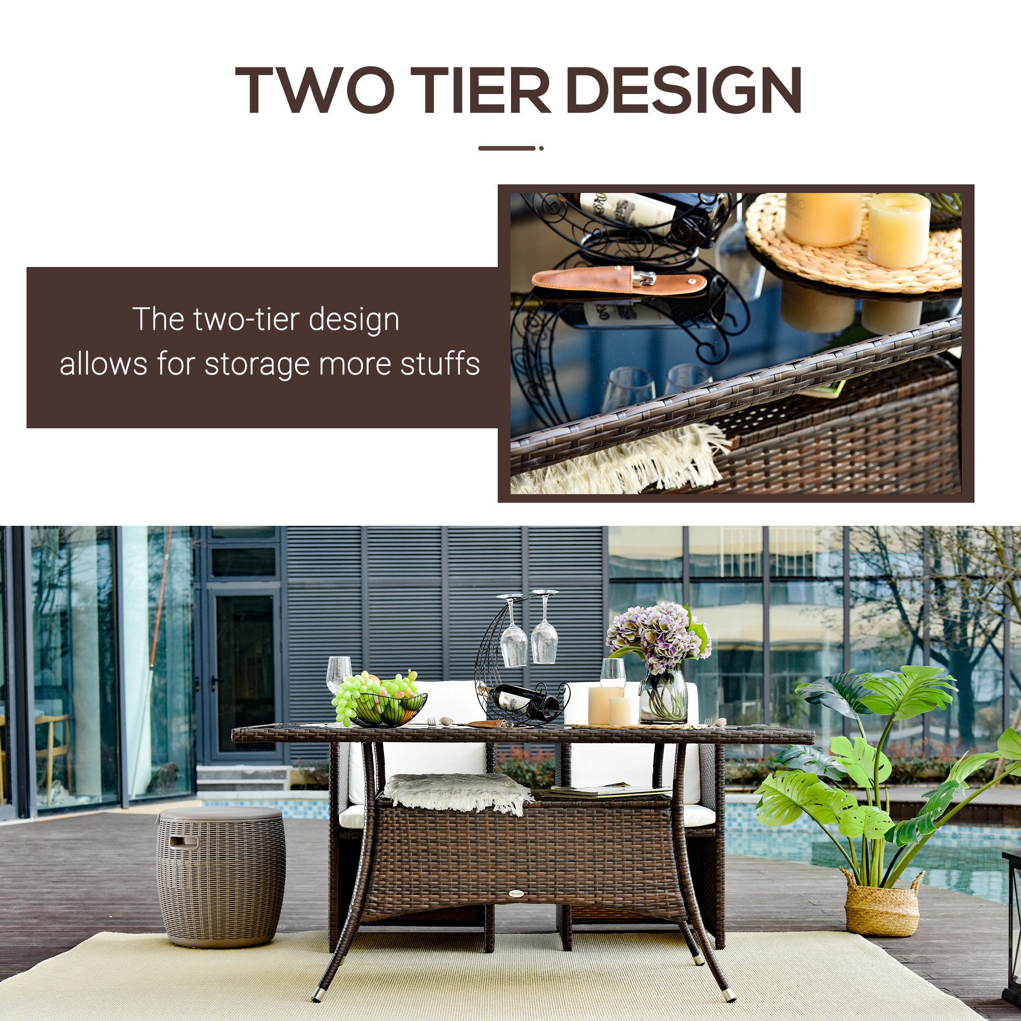 Outsunny 59" x 34" Patio Rattan Dining Table, Outdoor Wicker Table with Tempered Glass Top and Storage Shelf, All Weather Backyard Furniture, Brown