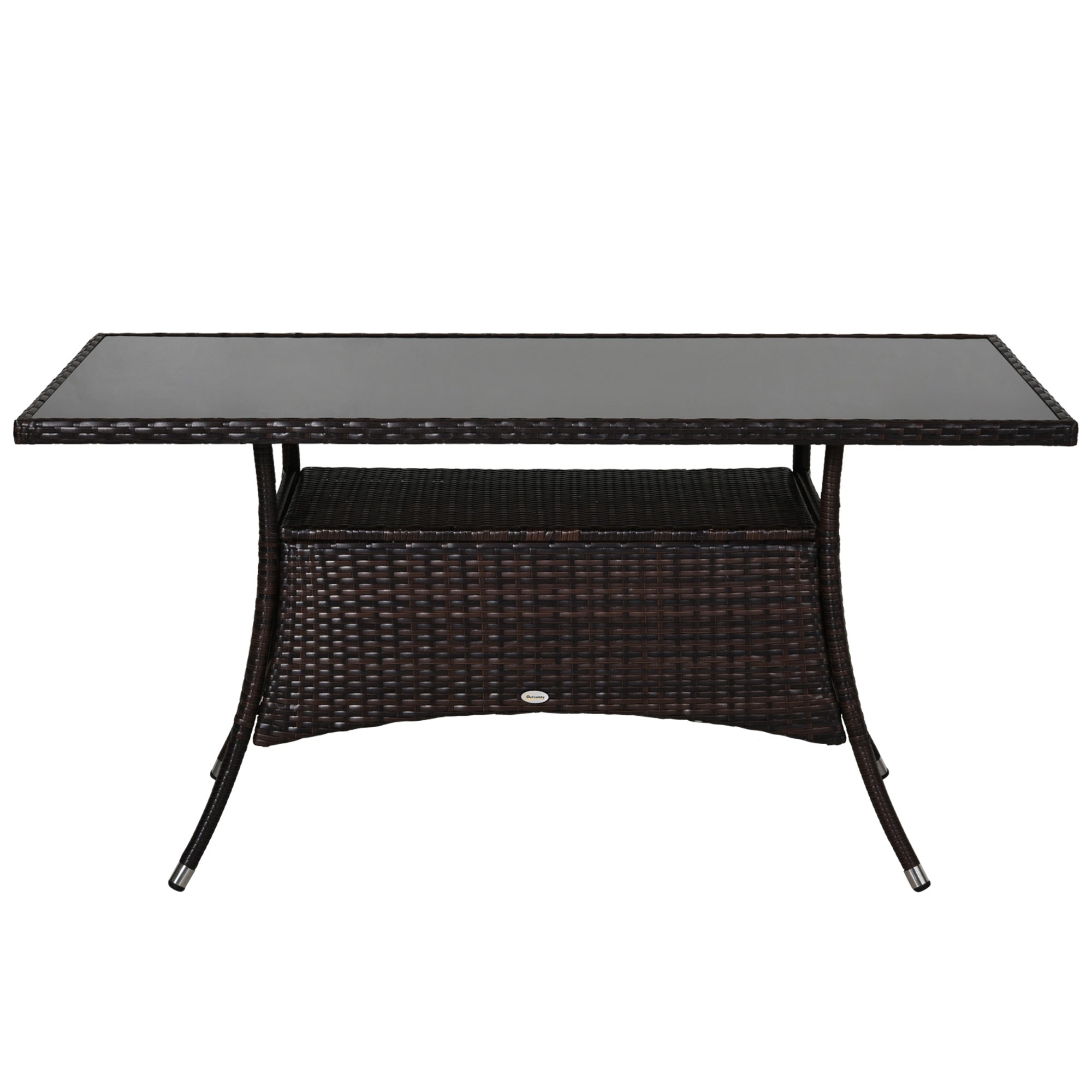 Outsunny 59" x 34" Patio Rattan Dining Table, Outdoor Wicker Table with Tempered Glass Top and Storage Shelf, All Weather Backyard Furniture, Brown