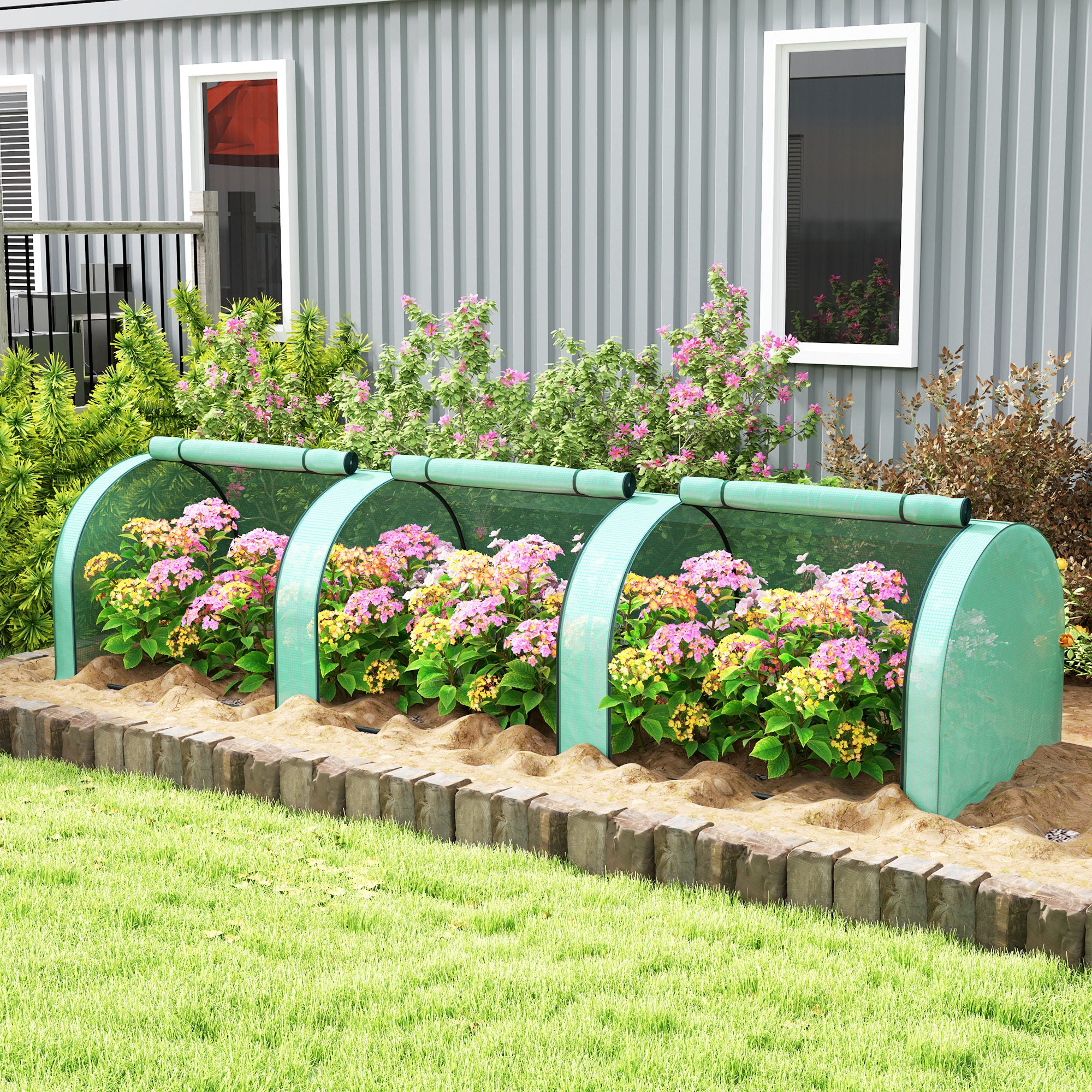 Outsunny 11.5' x 3.3' x 2.6' PE Mini Tunnel Greenhouse Garden Green Grow Shed Portable Plant Flower Warm House Steel Frame Zipped Doors, Green