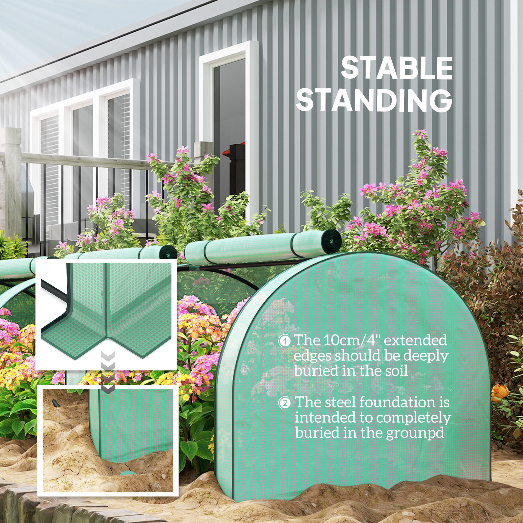 Outsunny 11.5' x 3.3' x 2.6' PE Mini Tunnel Greenhouse Garden Green Grow Shed Portable Plant Flower Warm House Steel Frame Zipped Doors, Green