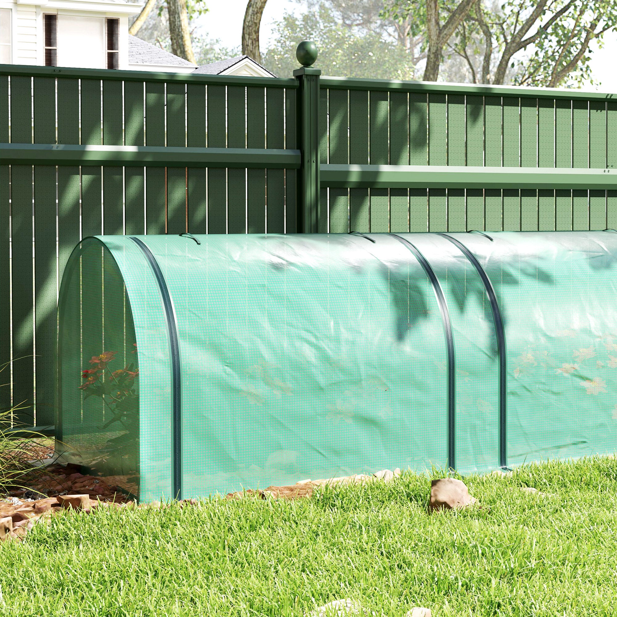 Outsunny 11.5' x 3.3' x 2.6' PE Mini Tunnel Greenhouse Garden Green Grow Shed Portable Plant Flower Warm House Steel Frame Zipped Doors, Green