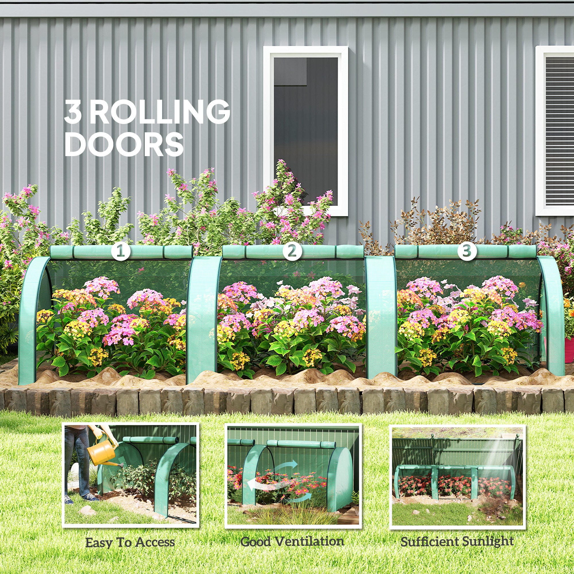 Outsunny 11.5' x 3.3' x 2.6' PE Mini Tunnel Greenhouse Garden Green Grow Shed Portable Plant Flower Warm House Steel Frame Zipped Doors, Green