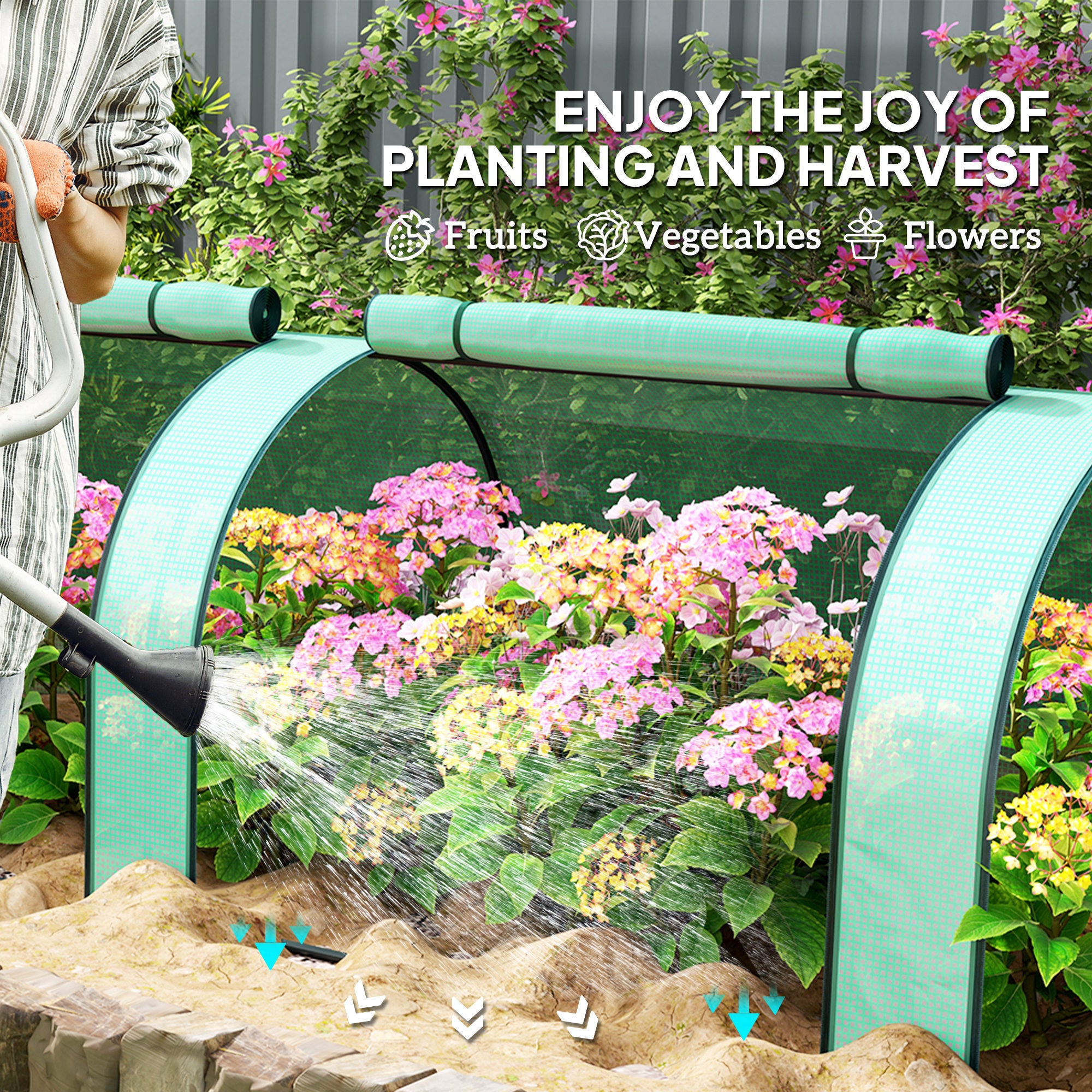 Outsunny 11.5' x 3.3' x 2.6' PE Mini Tunnel Greenhouse Garden Green Grow Shed Portable Plant Flower Warm House Steel Frame Zipped Doors, Green