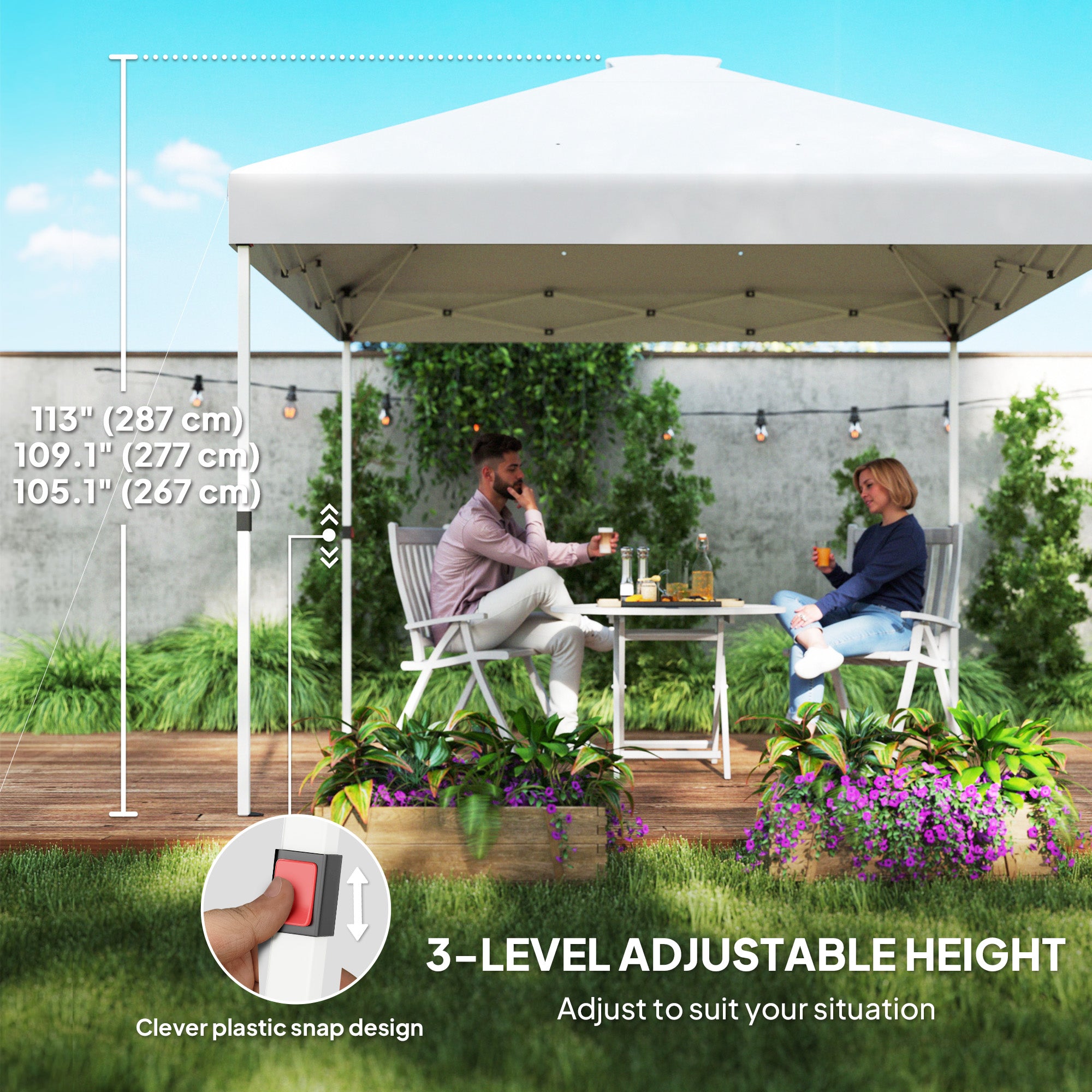 Outsunny 10' x 10' Pop Up Canopy Tent with 2 Half Sidewalls, UV50+ Instant Sun Shelter, Height Adjustable, with Wheeled Carry Bag and 4 Sand Bags for Outdoor, Garden, White