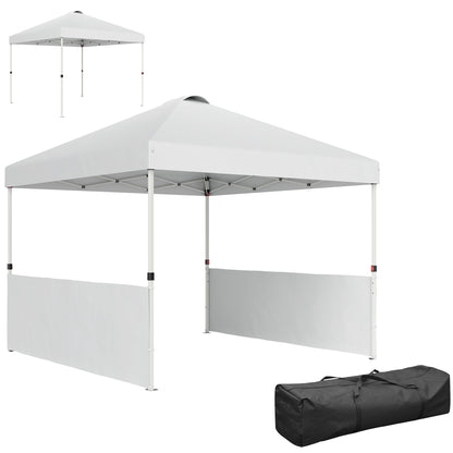 Outsunny 10' x 10' Pop Up Canopy Tent with 2 Half Sidewalls, UV50+ Instant Sun Shelter, Height Adjustable, with Wheeled Carry Bag and 4 Sand Bags for Outdoor, Garden, White