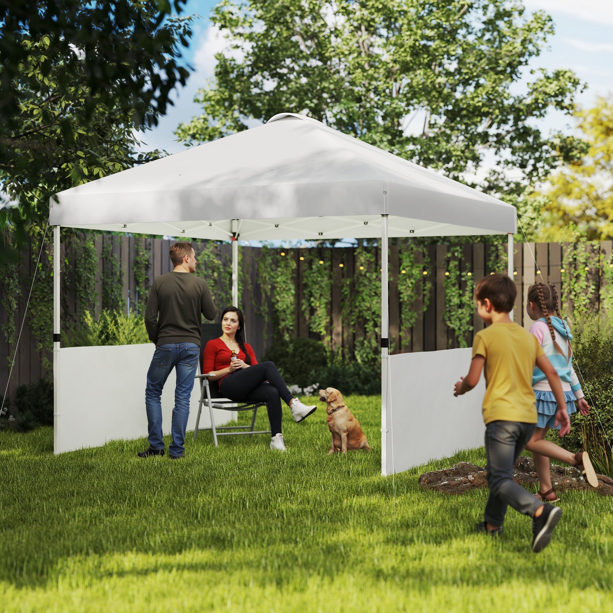Outsunny 10' x 10' Pop Up Canopy Tent with 2 Half Sidewalls, UV50+ Instant Sun Shelter, Height Adjustable, with Wheeled Carry Bag and 4 Sand Bags for Outdoor, Garden, White