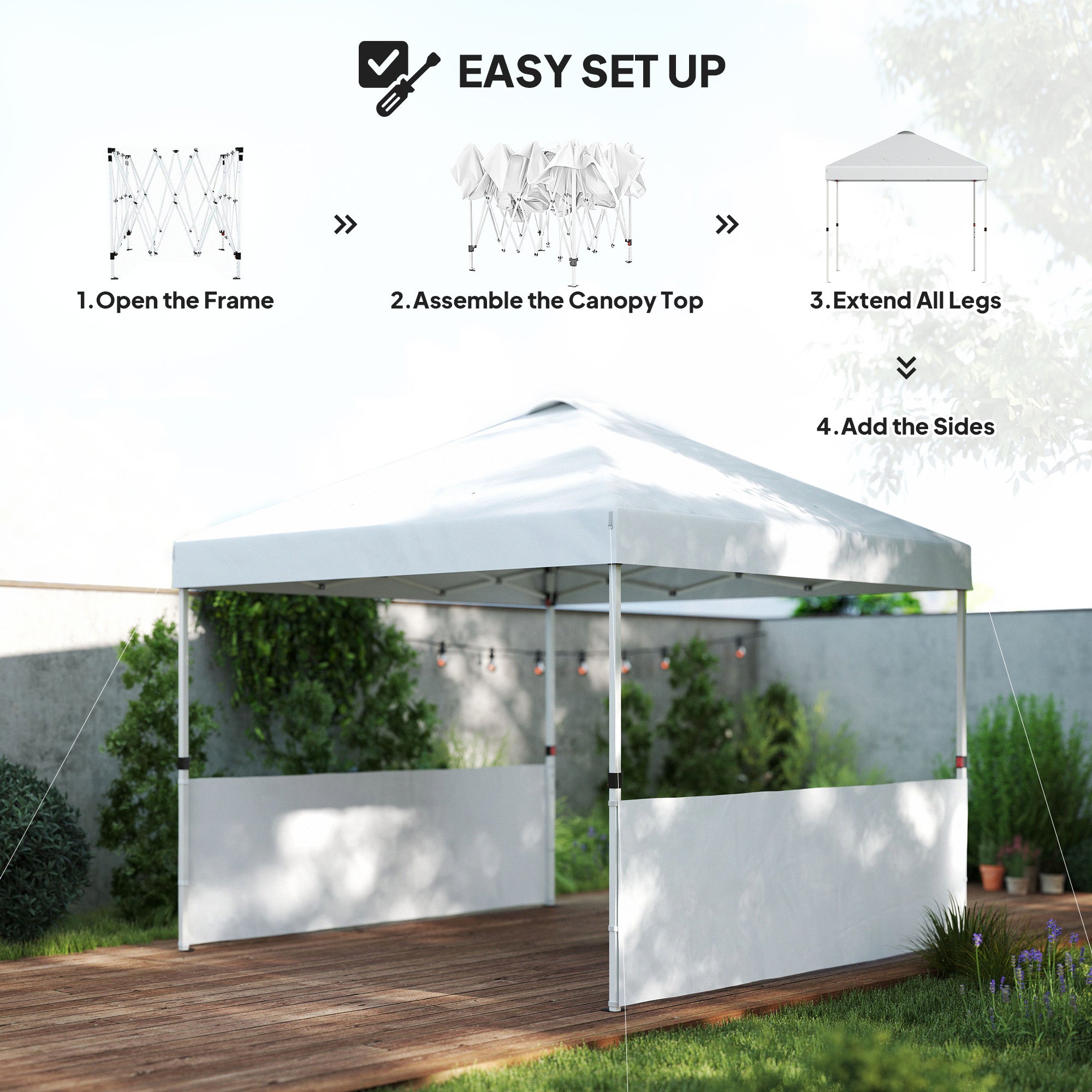 Outsunny 10' x 10' Pop Up Canopy Tent with 2 Half Sidewalls, UV50+ Instant Sun Shelter, Height Adjustable, with Wheeled Carry Bag and 4 Sand Bags for Outdoor, Garden, White