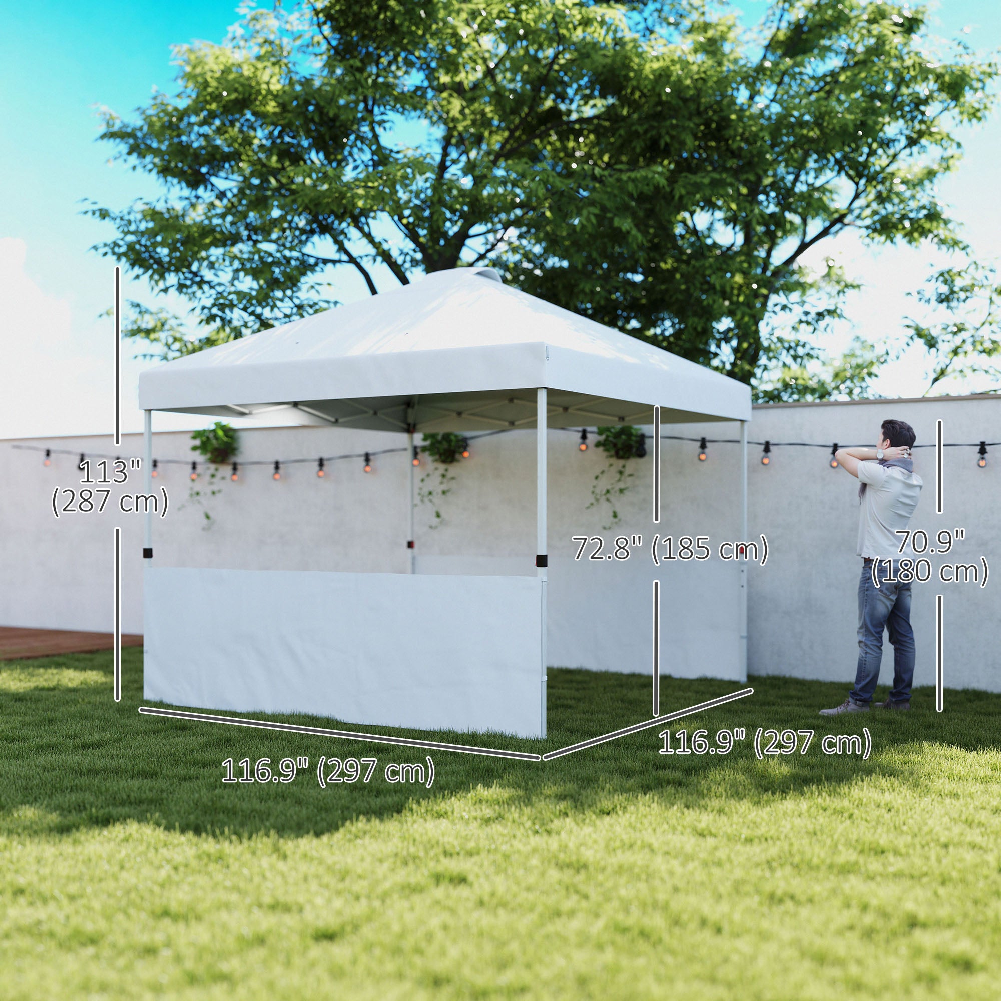 Outsunny 10' x 10' Pop Up Canopy Tent with 2 Half Sidewalls, UV50+ Instant Sun Shelter, Height Adjustable, with Wheeled Carry Bag and 4 Sand Bags for Outdoor, Garden, White