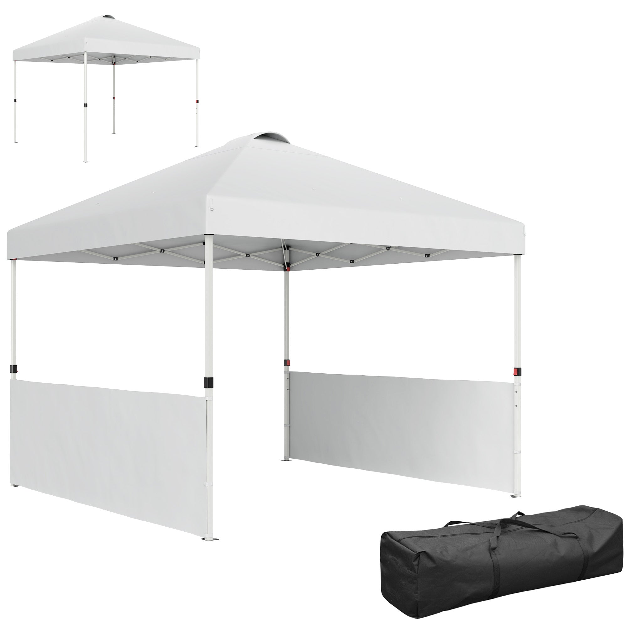 Outsunny 10' x 10' Pop Up Canopy Tent with 2 Half Sidewalls, UV50+ Instant Sun Shelter, Height Adjustable, with Wheeled Carry Bag and 4 Sand Bags for Outdoor, Garden, White