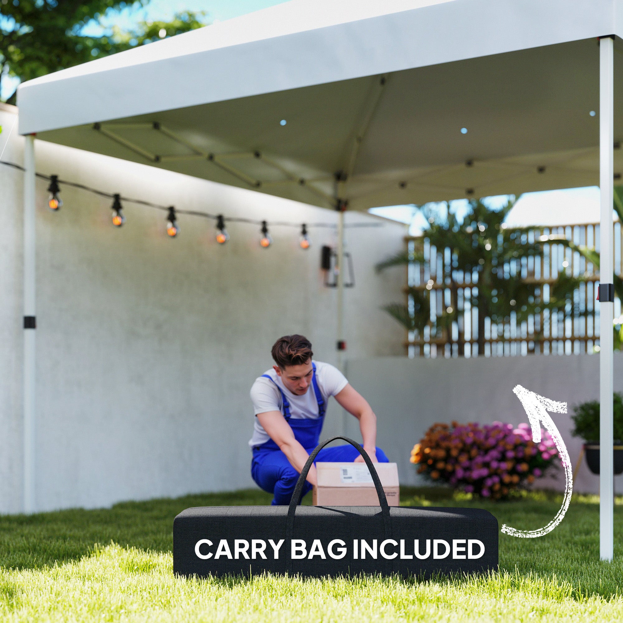Outsunny 10' x 10' Pop Up Canopy Tent with 2 Half Sidewalls, UV50+ Instant Sun Shelter, Height Adjustable, with Wheeled Carry Bag and 4 Sand Bags for Outdoor, Garden, White