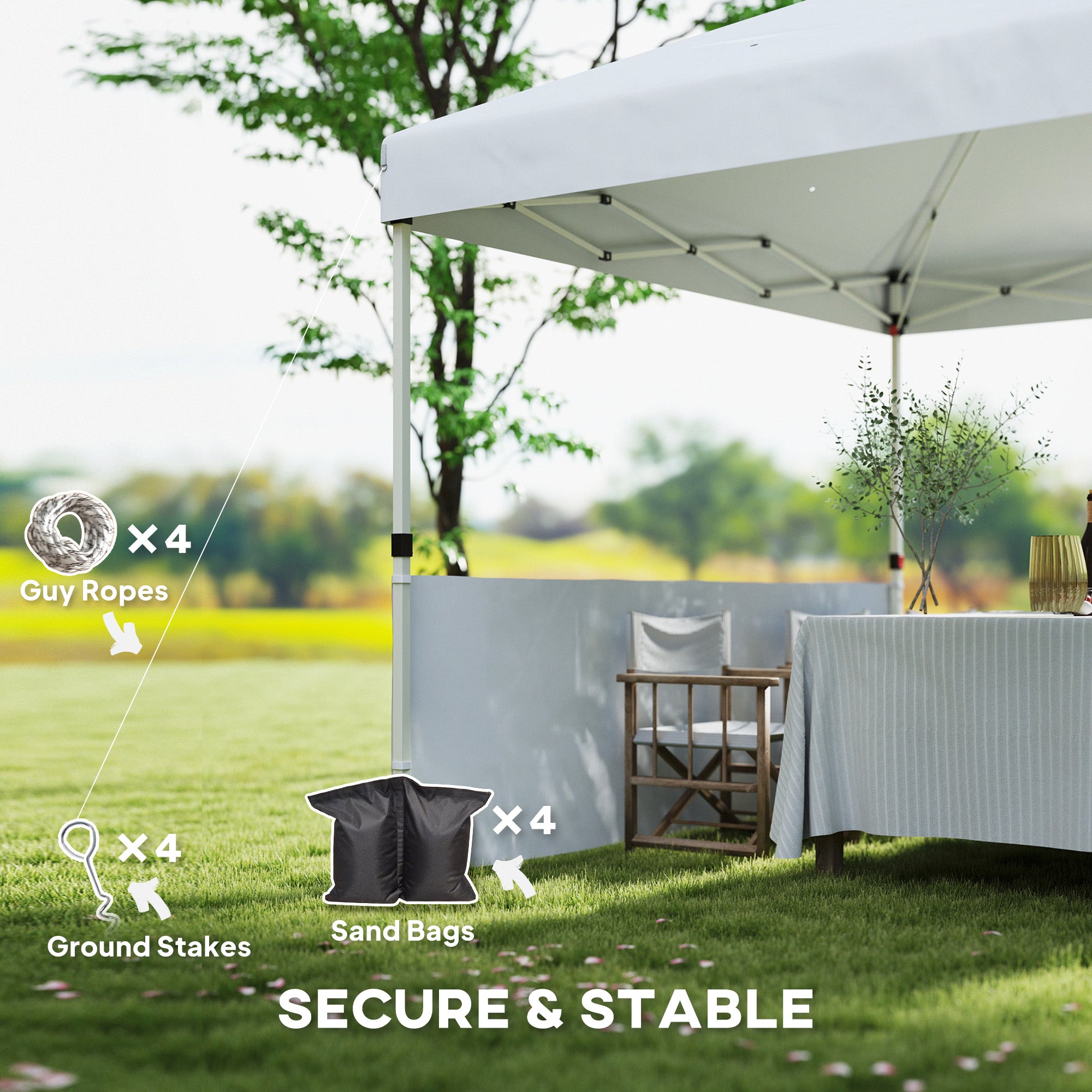 Outsunny 10' x 10' Pop Up Canopy Tent with 2 Half Sidewalls, UV50+ Instant Sun Shelter, Height Adjustable, with Wheeled Carry Bag and 4 Sand Bags for Outdoor, Garden, White
