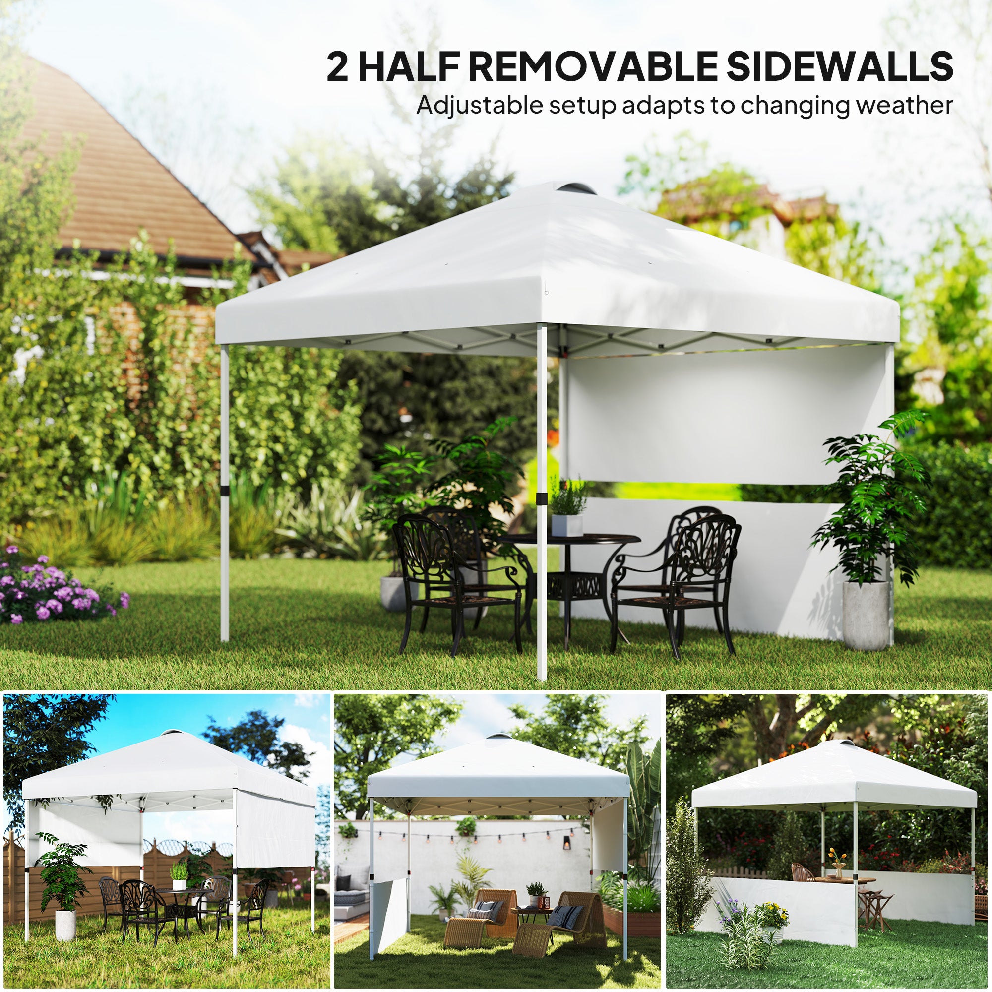 Outsunny 10' x 10' Pop Up Canopy Tent with 2 Half Sidewalls, UV50+ Instant Sun Shelter, Height Adjustable, with Wheeled Carry Bag and 4 Sand Bags for Outdoor, Garden, White
