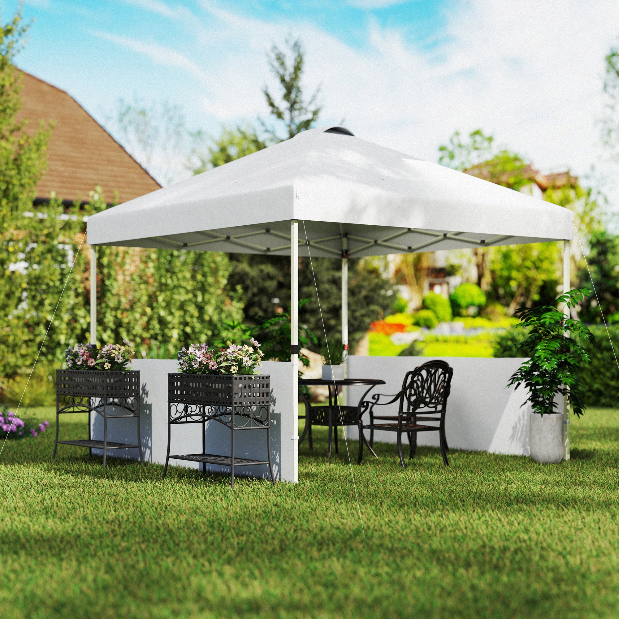 Outsunny 10' x 10' Pop Up Canopy Tent with 2 Half Sidewalls, UV50+ Instant Sun Shelter, Height Adjustable, with Wheeled Carry Bag and 4 Sand Bags for Outdoor, Garden, White