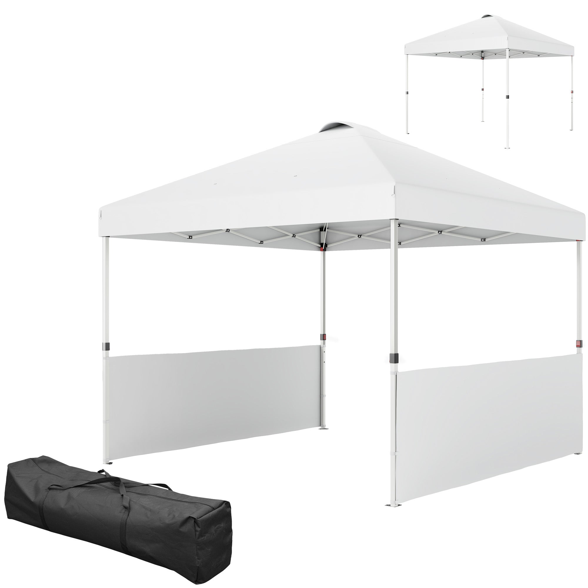 Outsunny 10' x 10' Pop Up Canopy Tent with 2 Half Sidewalls, UV50+ Instant Sun Shelter, Height Adjustable, with Wheeled Carry Bag and 4 Sand Bags for Outdoor, Garden, White