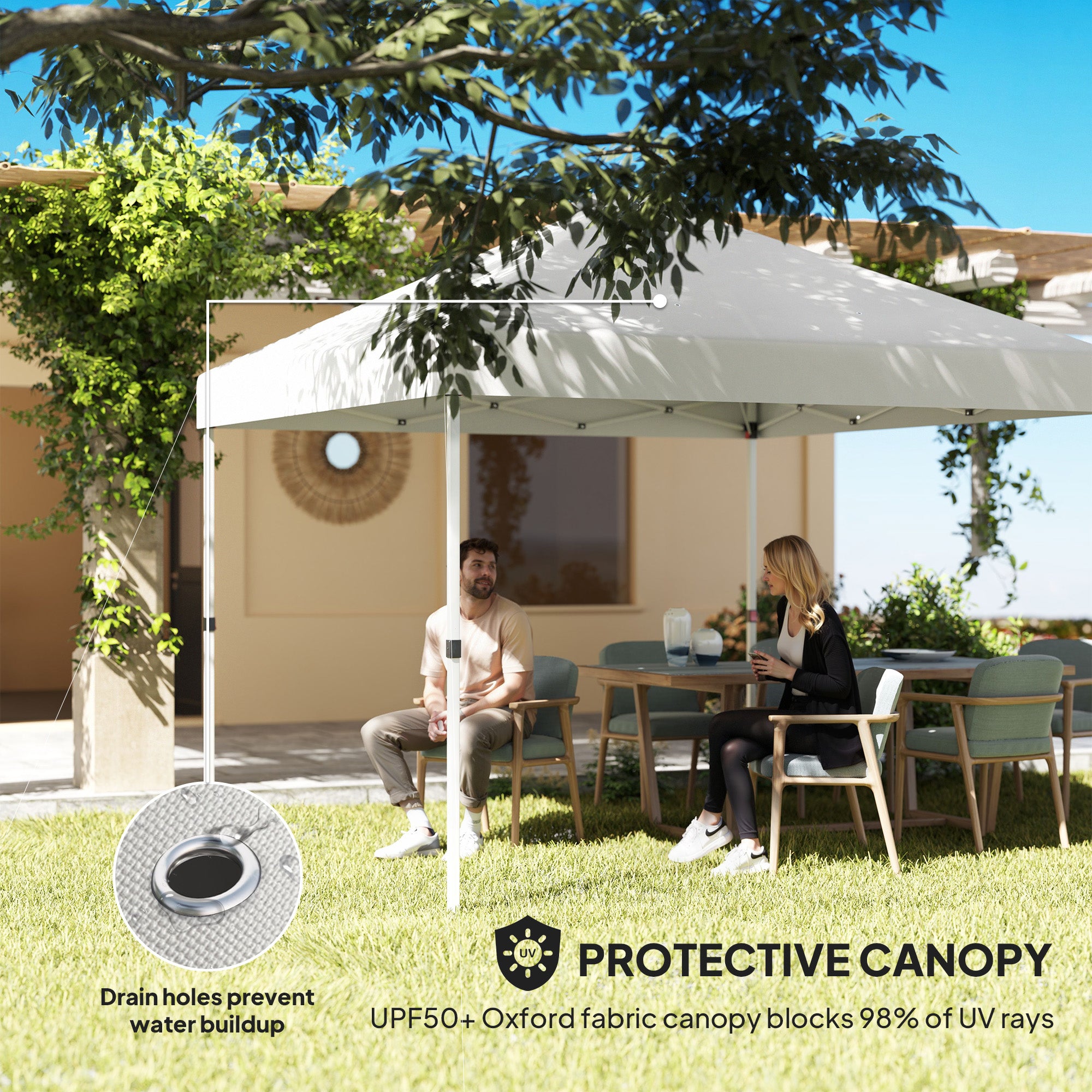 Outsunny 10' x 10' Pop Up Canopy Tent with 2 Half Sidewalls, UV50+ Instant Sun Shelter, Height Adjustable, with Wheeled Carry Bag and 4 Sand Bags for Outdoor, Garden, White