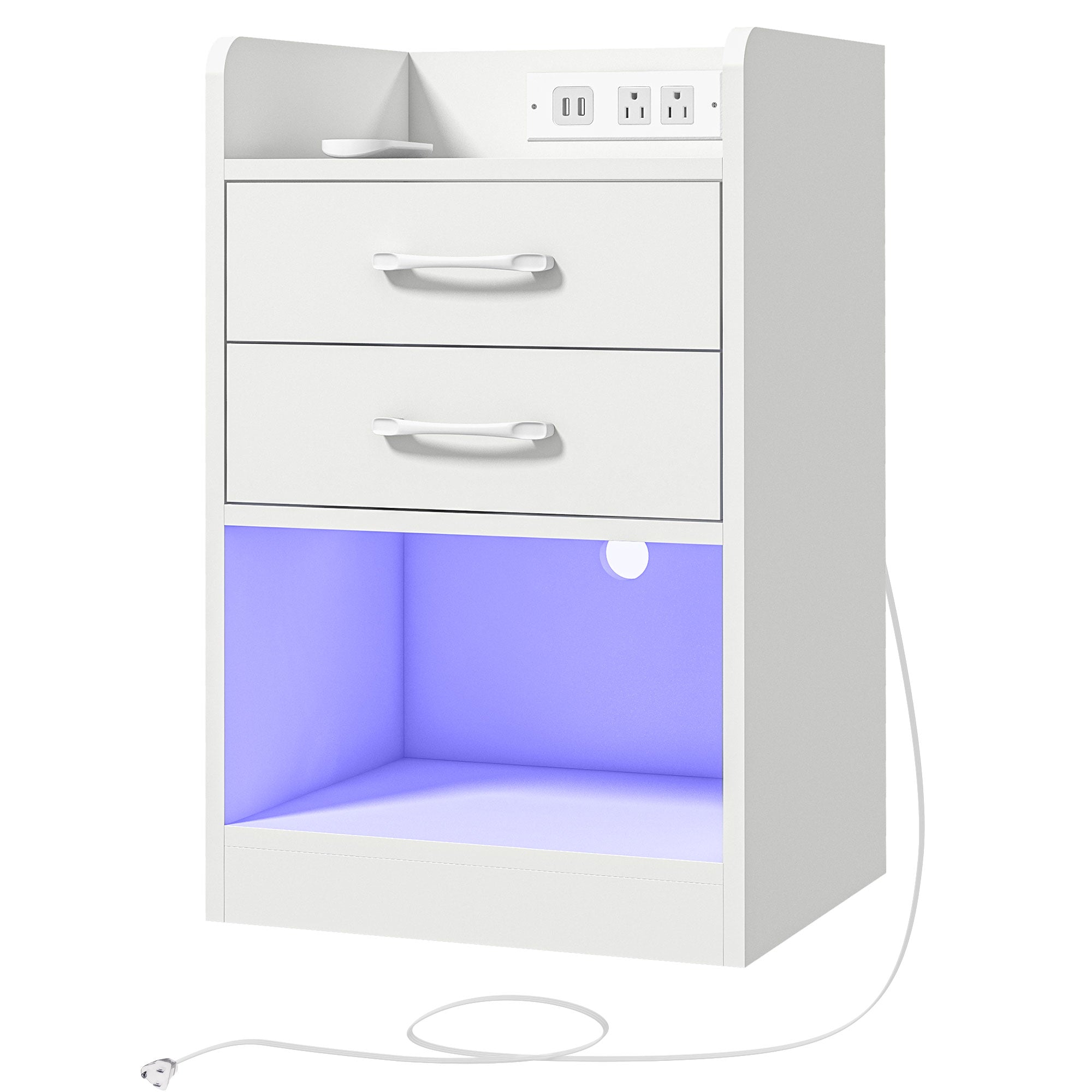 HOMCOM Nightstand with Charging Station and LED Lights, Bedside Table with 2 AC and USB Power Outlets, Side Table with Storage Shelf, 2 Drawers and Remote for Bedroom, White