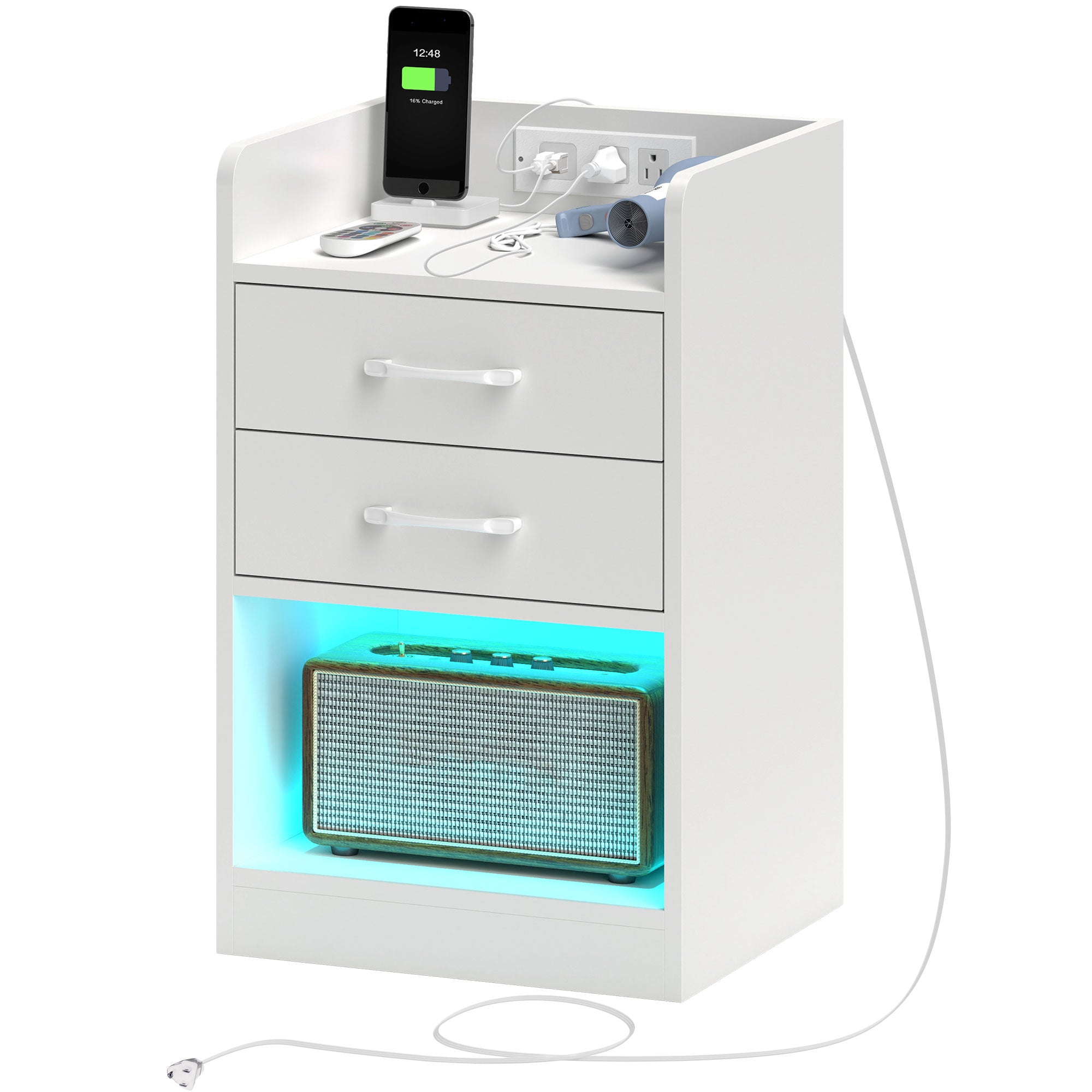 HOMCOM Nightstand with Charging Station and LED Lights, Bedside Table with 2 AC and USB Power Outlets, Side Table with Storage Shelf, 2 Drawers and Remote for Bedroom, White