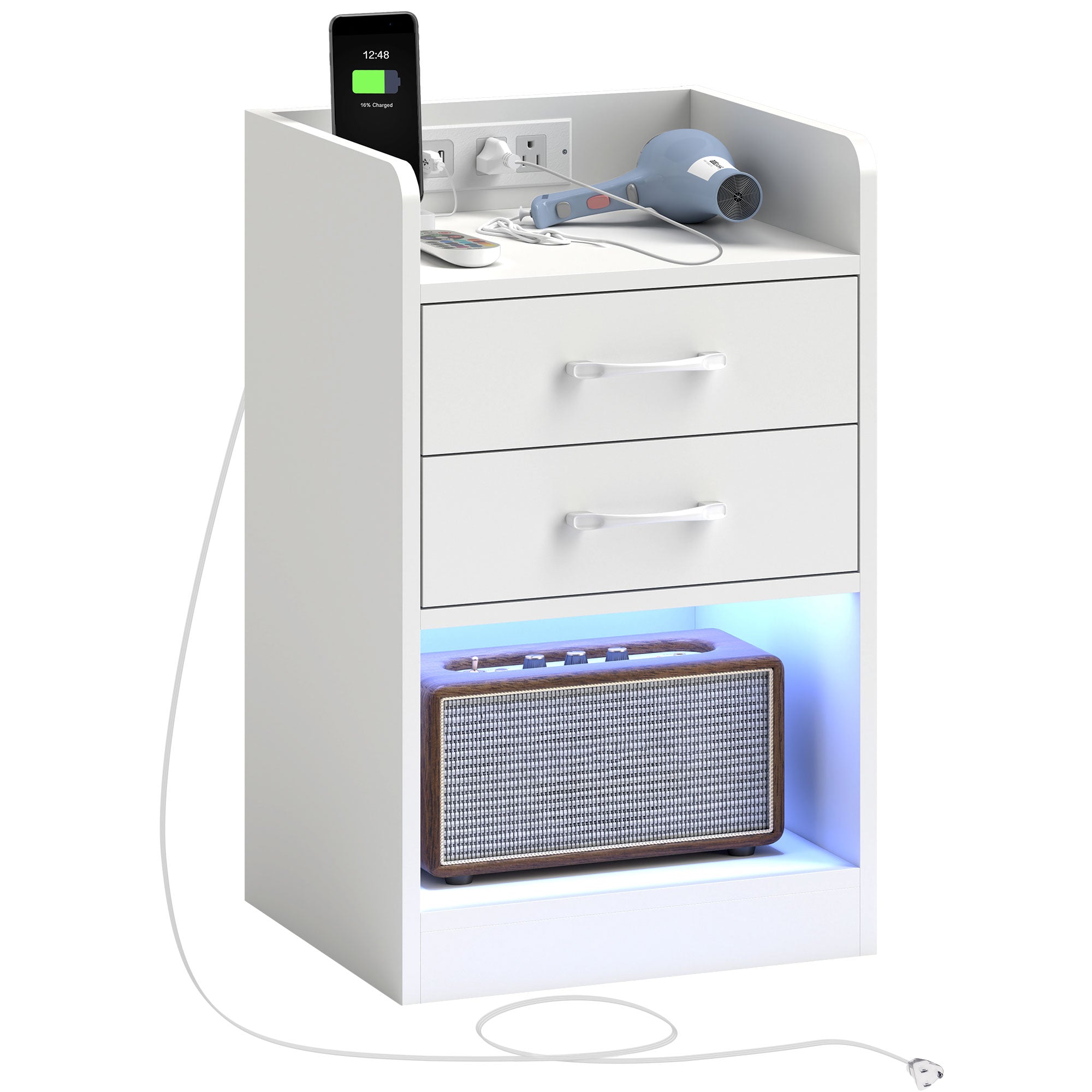 HOMCOM Nightstand with Charging Station and LED Lights, Bedside Table with 2 AC and USB Power Outlets, Side Table with Storage Shelf, 2 Drawers and Remote for Bedroom, White