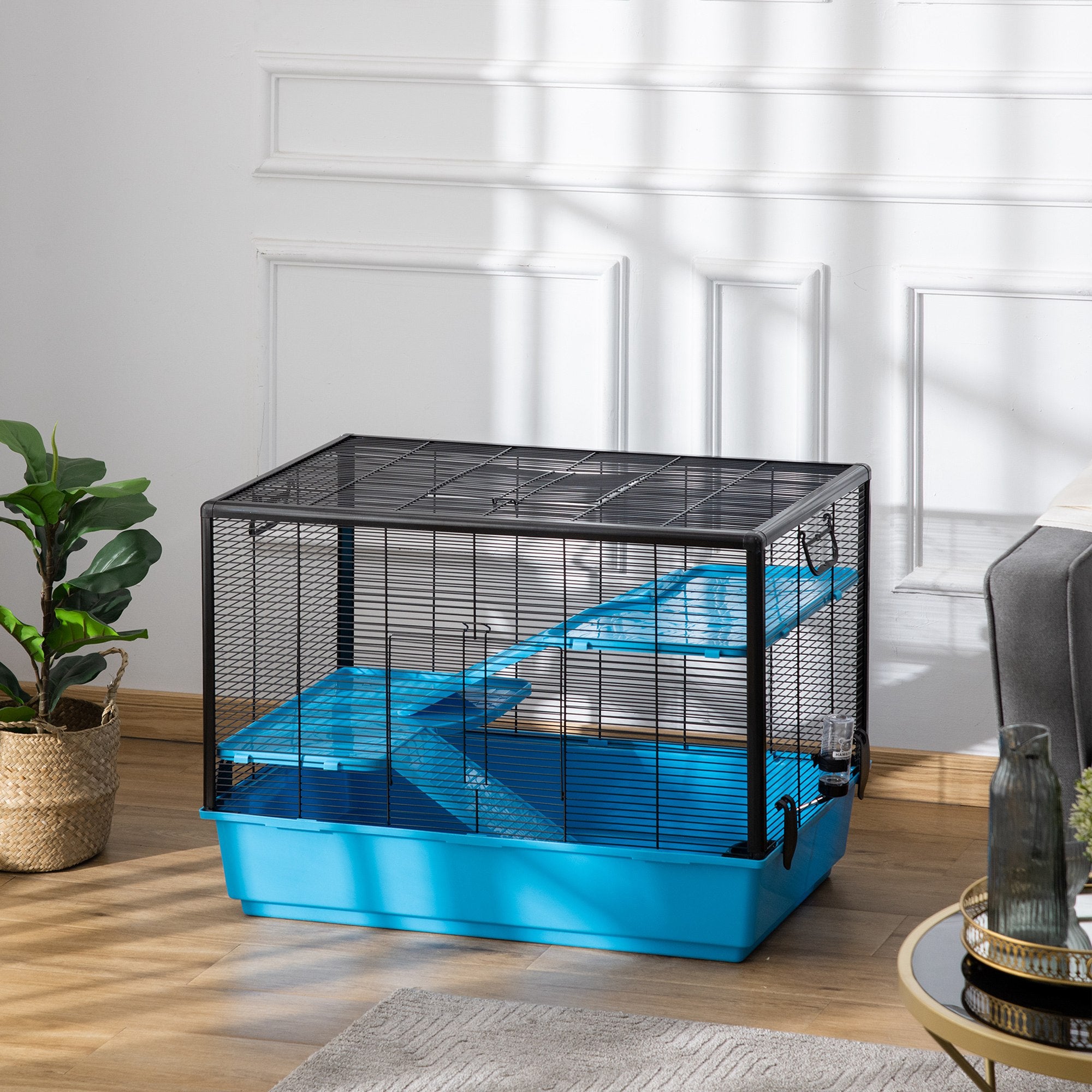 PawHut 3-Tier Hamster Cage, Guinea Pig Cage, Pet Chinchillas Play House Indoor with Accessories Food Dish Water Bottle, Ramps, 31.5"x19"x 23", Light Blue