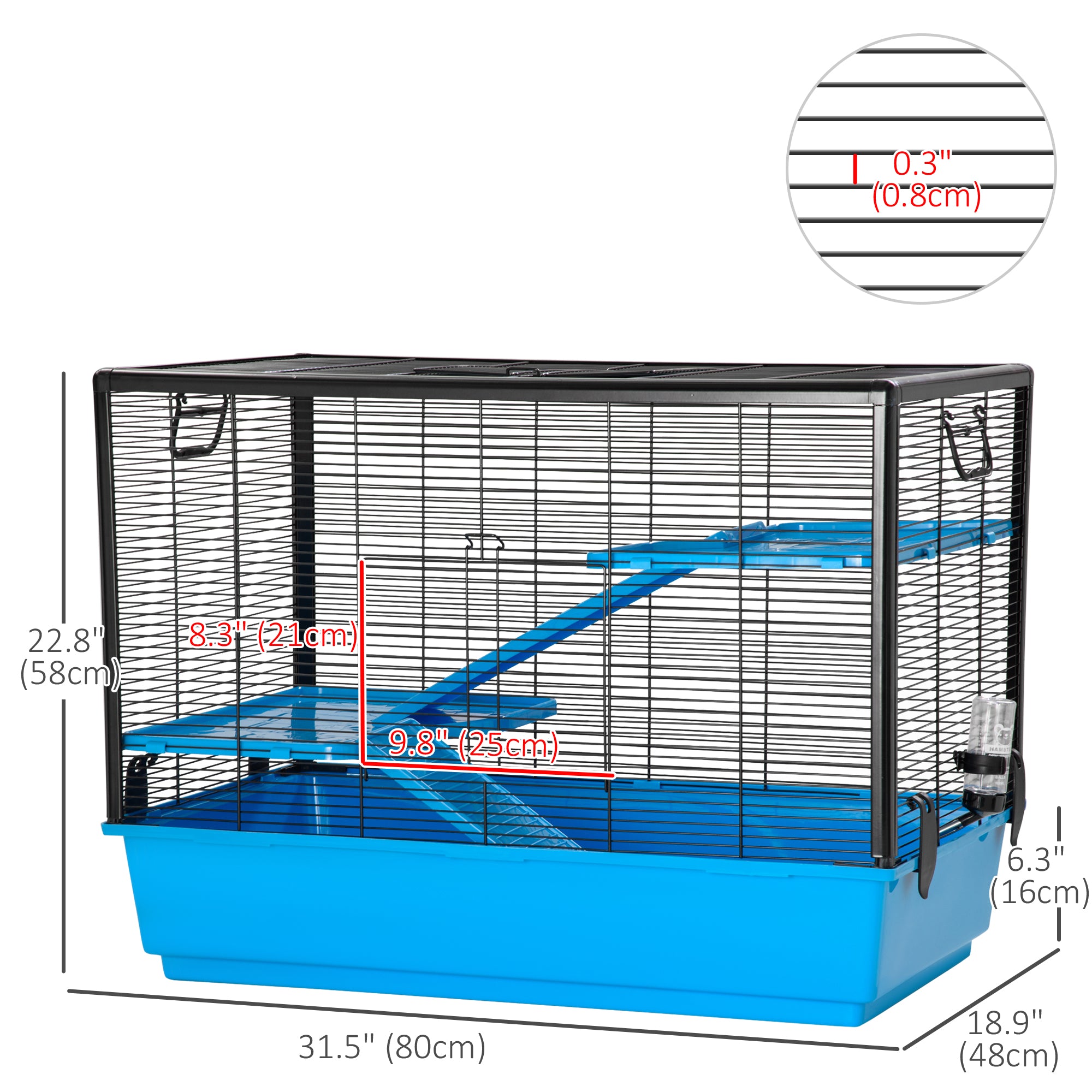 PawHut 3-Tier Hamster Cage, Guinea Pig Cage, Pet Chinchillas Play House Indoor with Accessories Food Dish Water Bottle, Ramps, 31.5"x19"x 23", Light Blue