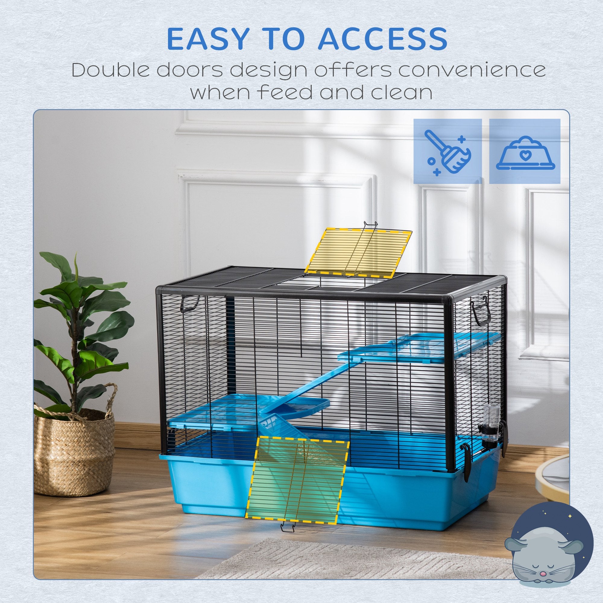 PawHut 3-Tier Hamster Cage, Guinea Pig Cage, Pet Chinchillas Play House Indoor with Accessories Food Dish Water Bottle, Ramps, 31.5"x19"x 23", Light Blue