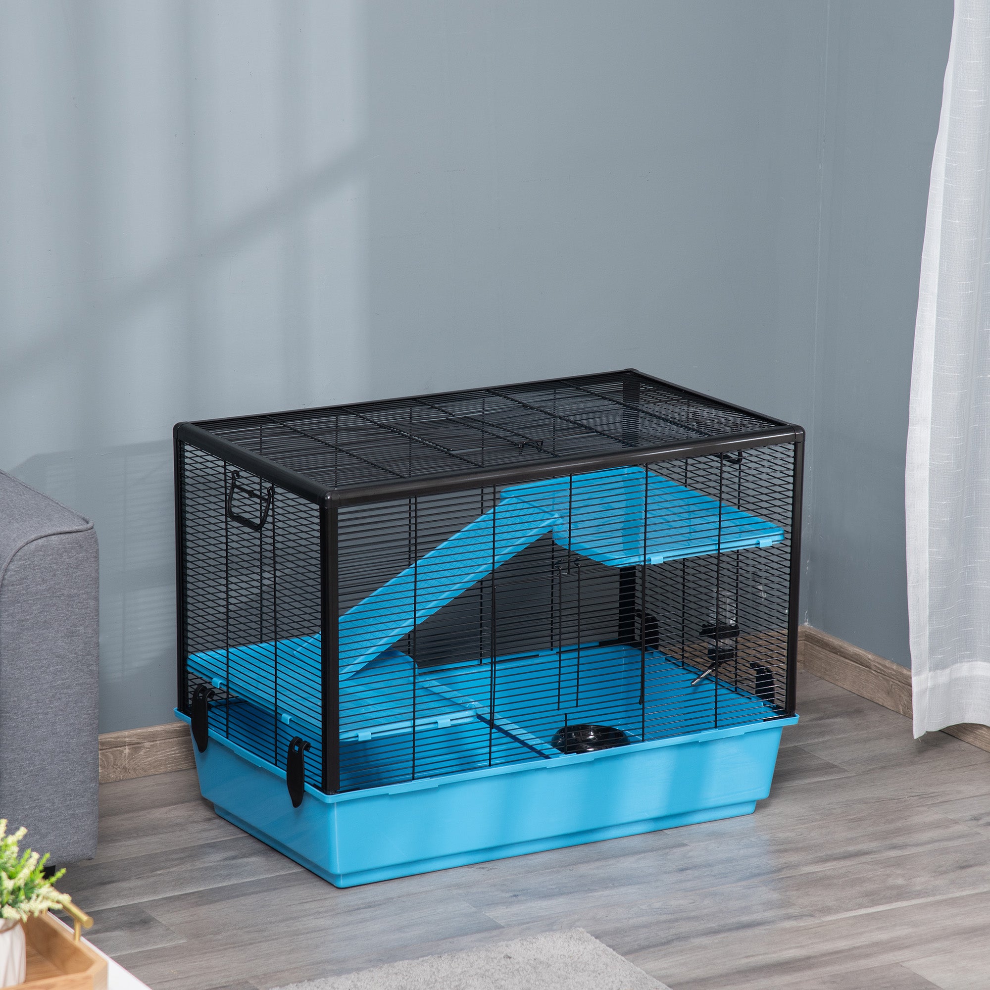 PawHut 3-Tier Hamster Cage, Guinea Pig Cage, Pet Chinchillas Play House Indoor with Accessories Food Dish Water Bottle, Ramps, 31.5"x19"x 23", Light Blue