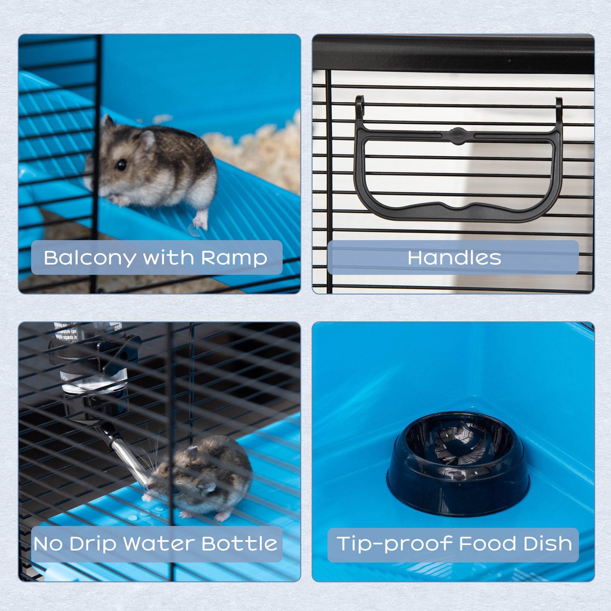 PawHut 3-Tier Hamster Cage, Guinea Pig Cage, Pet Chinchillas Play House Indoor with Accessories Food Dish Water Bottle, Ramps, 31.5"x19"x 23", Light Blue