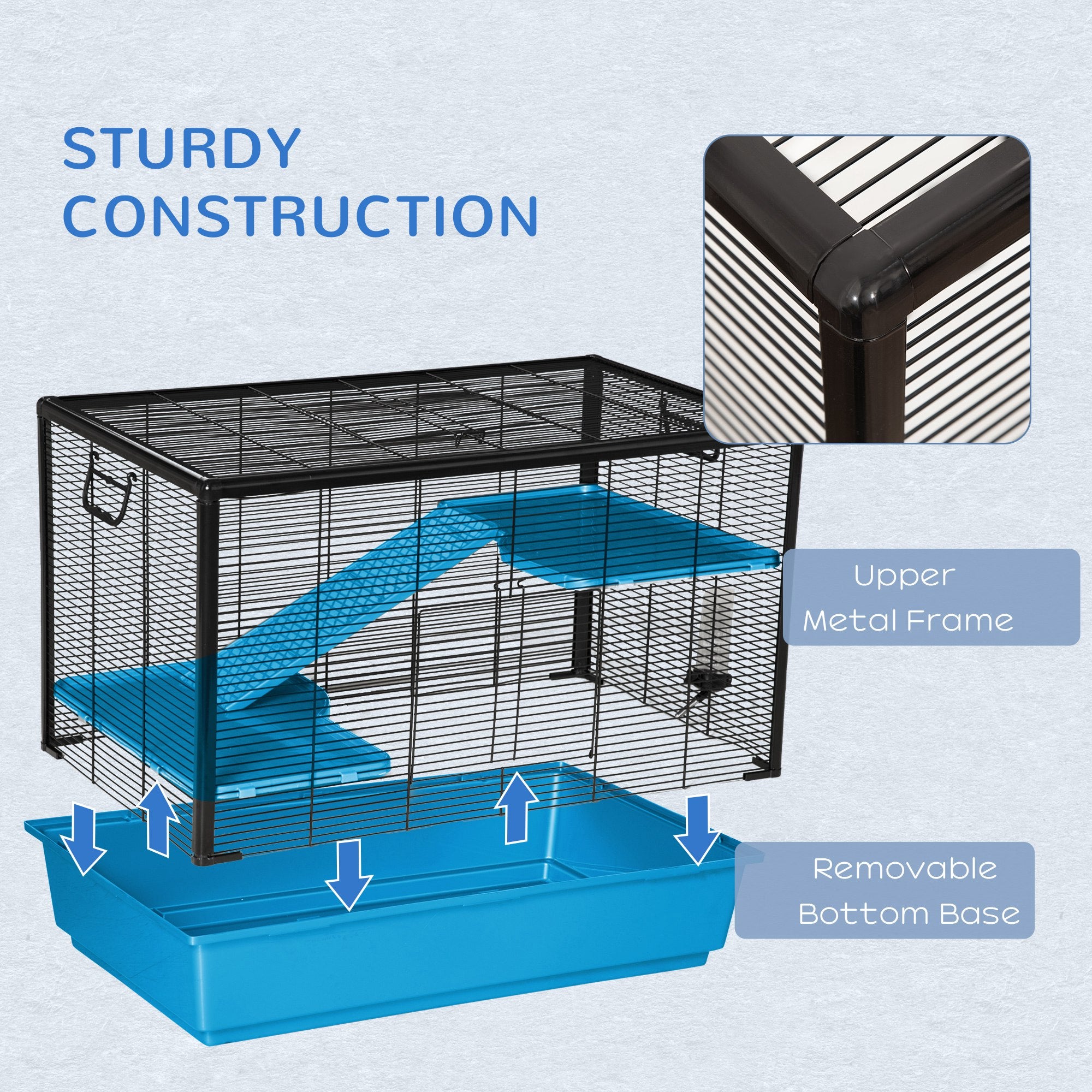 PawHut 3-Tier Hamster Cage, Guinea Pig Cage, Pet Chinchillas Play House Indoor with Accessories Food Dish Water Bottle, Ramps, 31.5"x19"x 23", Light Blue