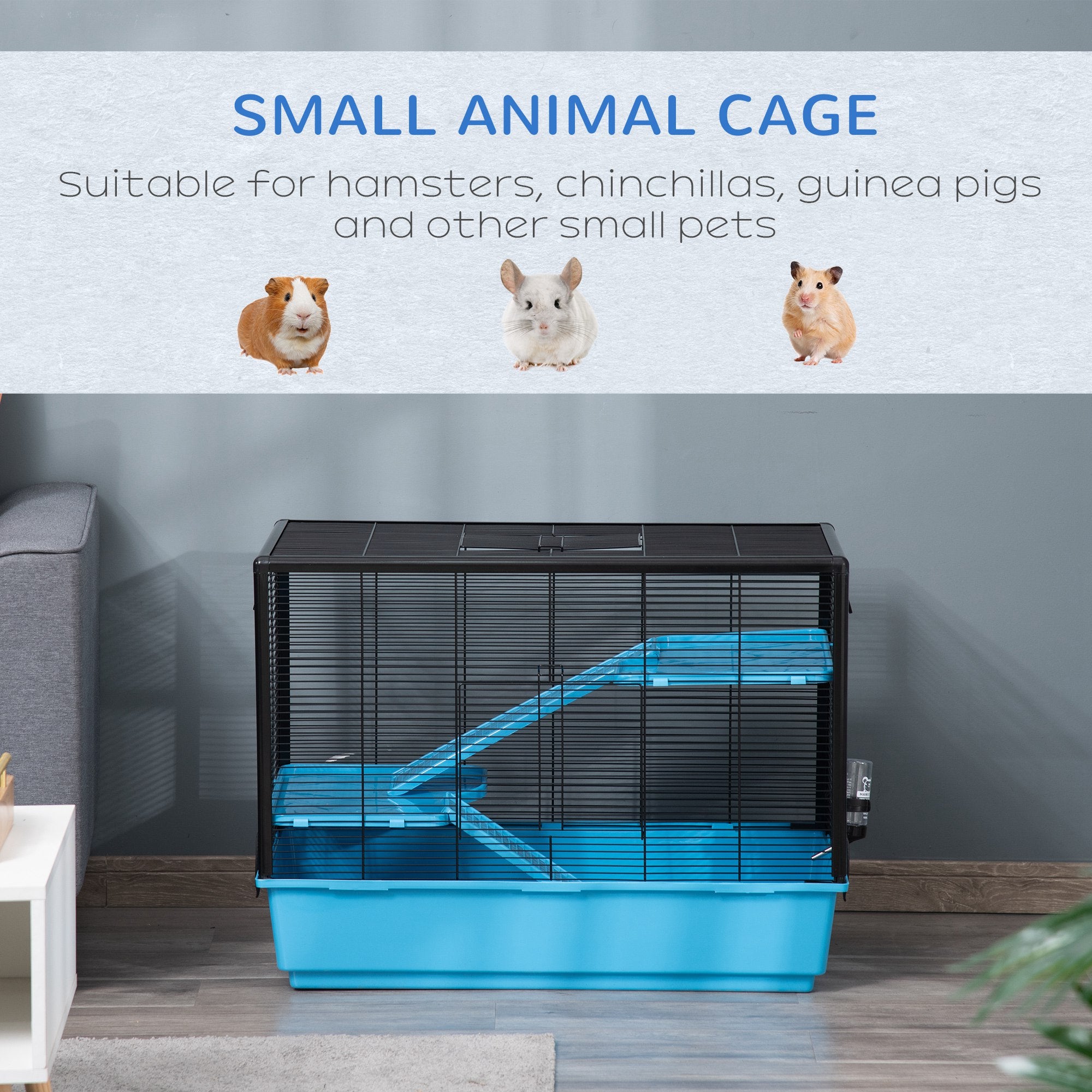 PawHut 3-Tier Hamster Cage, Guinea Pig Cage, Pet Chinchillas Play House Indoor with Accessories Food Dish Water Bottle, Ramps, 31.5"x19"x 23", Light Blue