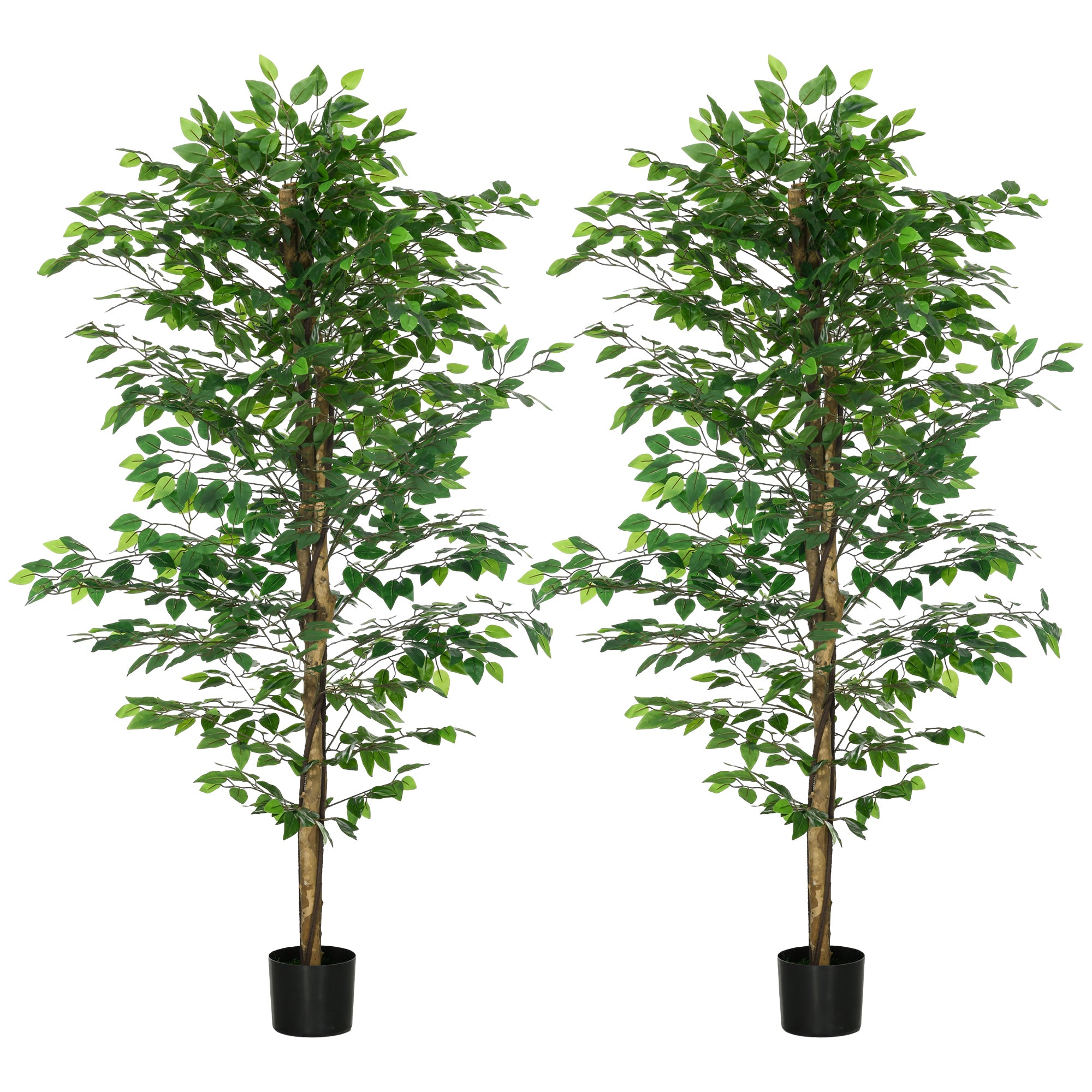 HOMCOM 6ft Set of 2 Artificial Ficus Tree with Pot, Indoor Outdoor Fake Plants for Home Office Living Room Decor