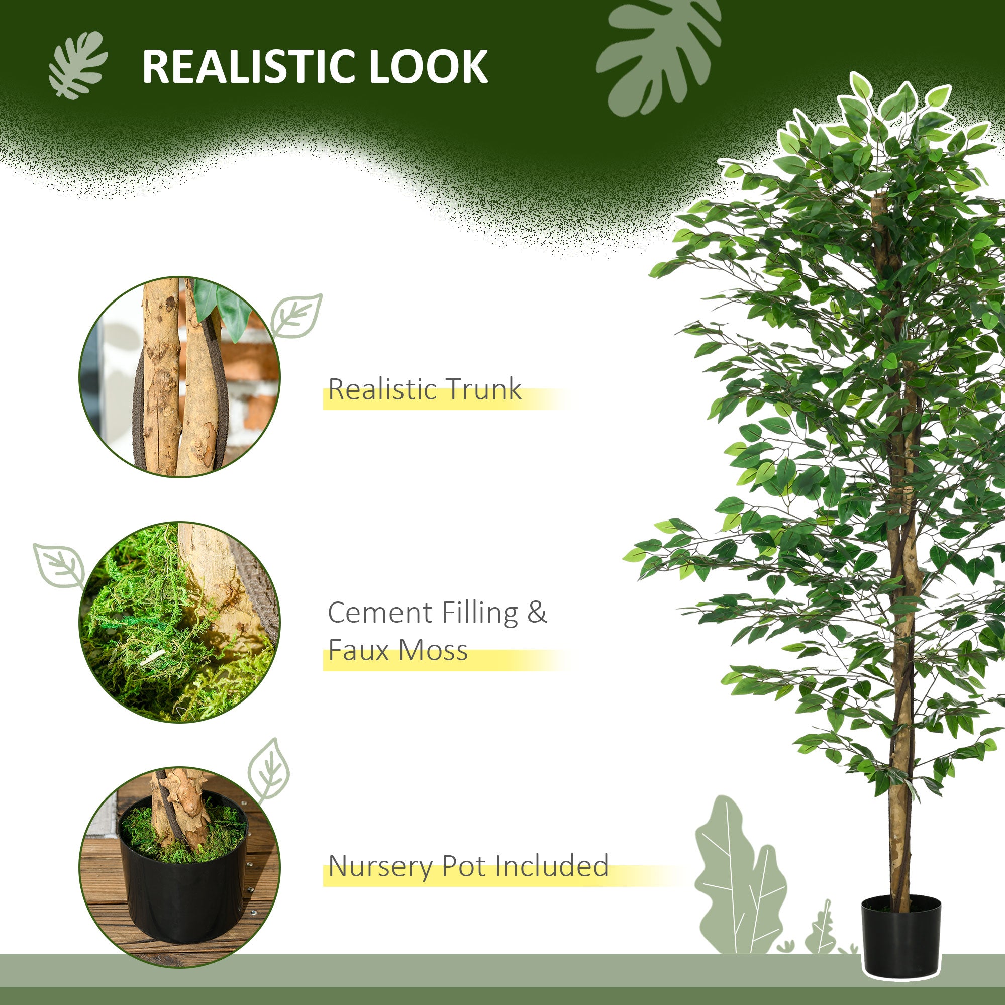 HOMCOM 6ft Set of 2 Artificial Ficus Tree with Pot, Indoor Outdoor Fake Plants for Home Office Living Room Decor