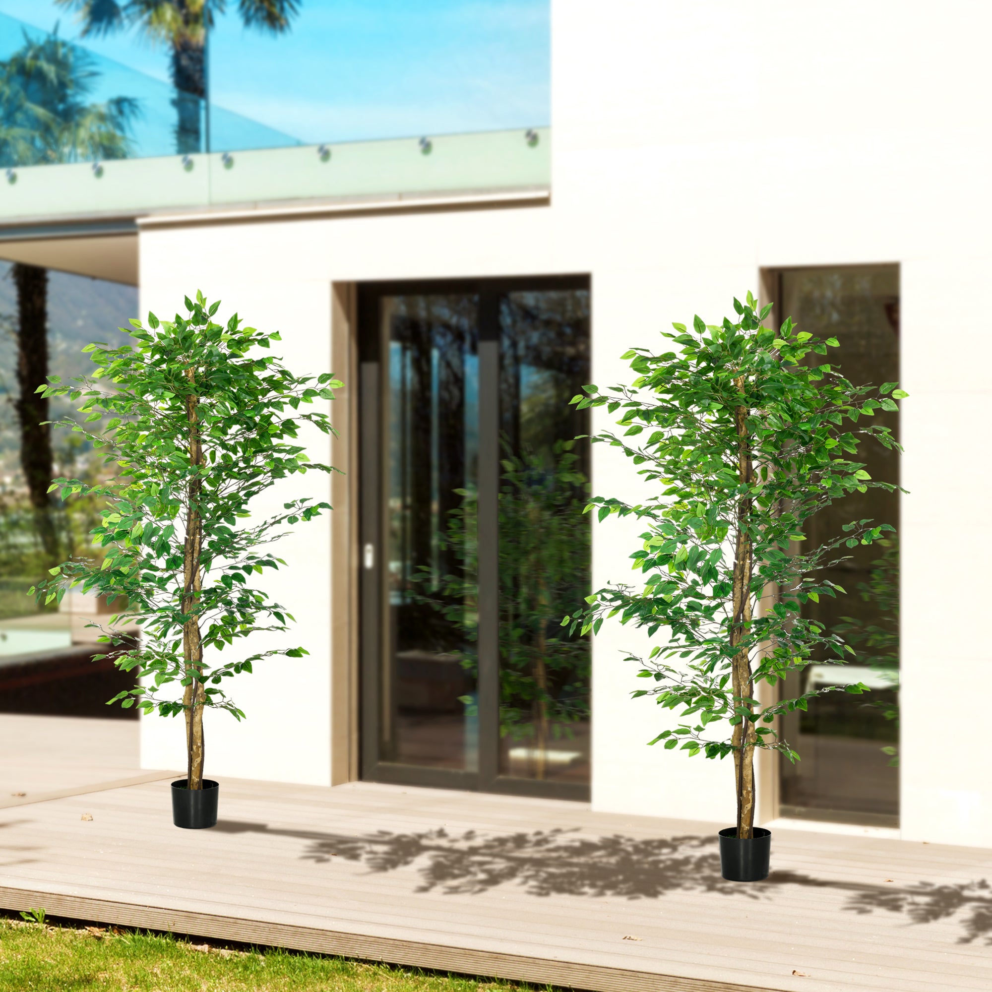 HOMCOM 6ft Set of 2 Artificial Ficus Tree with Pot, Indoor Outdoor Fake Plants for Home Office Living Room Decor