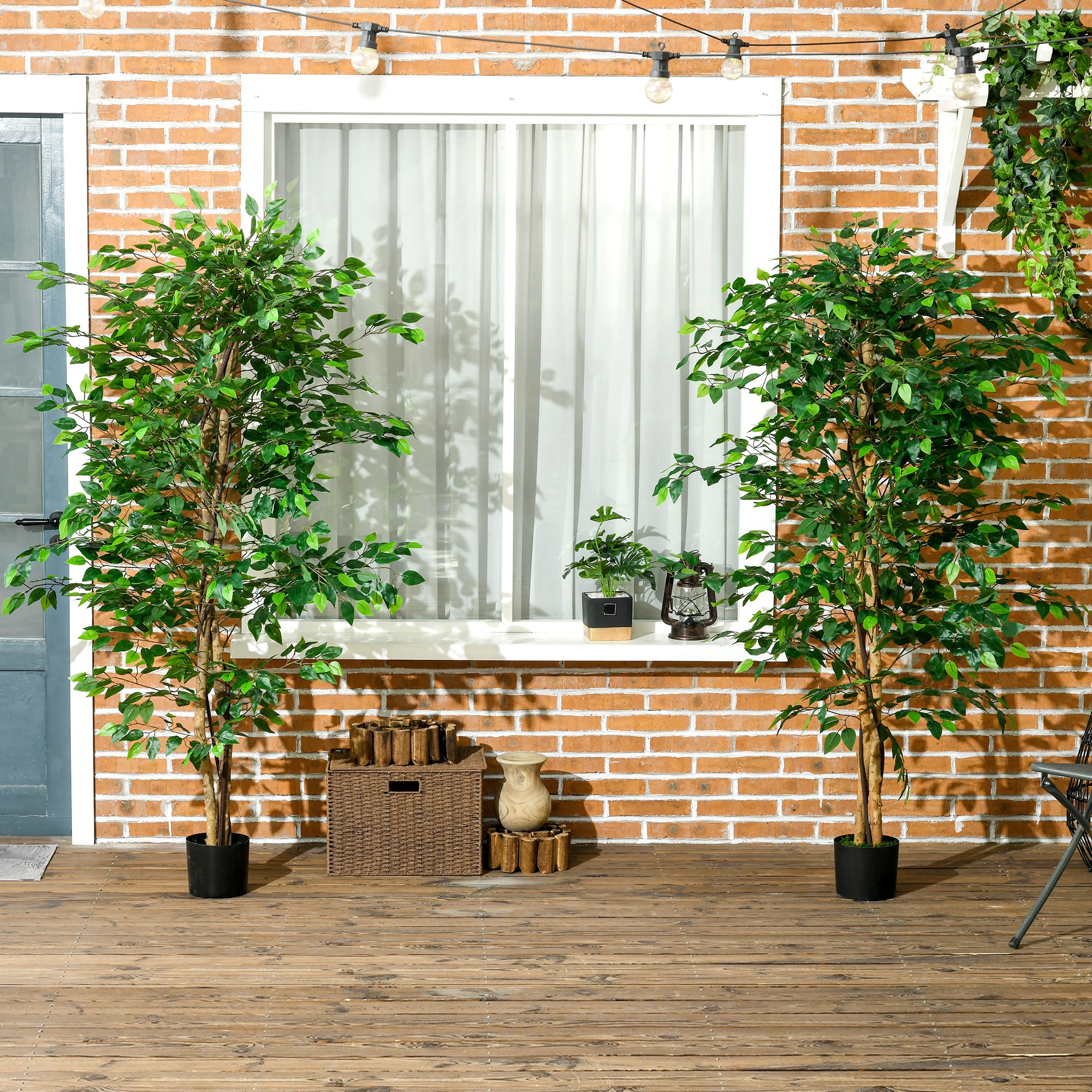 HOMCOM 6ft Set of 2 Artificial Ficus Tree with Pot, Indoor Outdoor Fake Plants for Home Office Living Room Decor