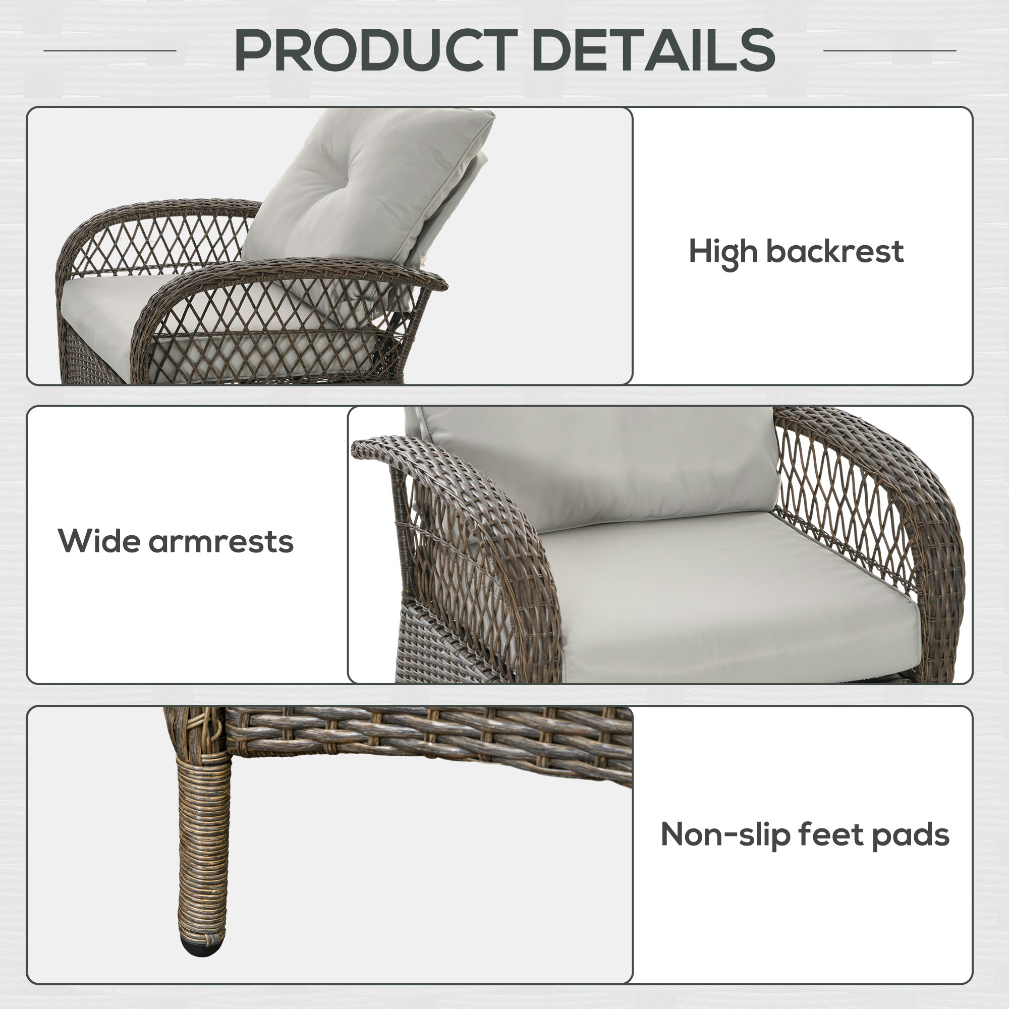 Outsunny Patio Sofa with 4.7" Thick Padded Cushions, PE Rattan Outdoor Couch with Wide Armrests, for Conservatory, Garden, Poolside, Grey