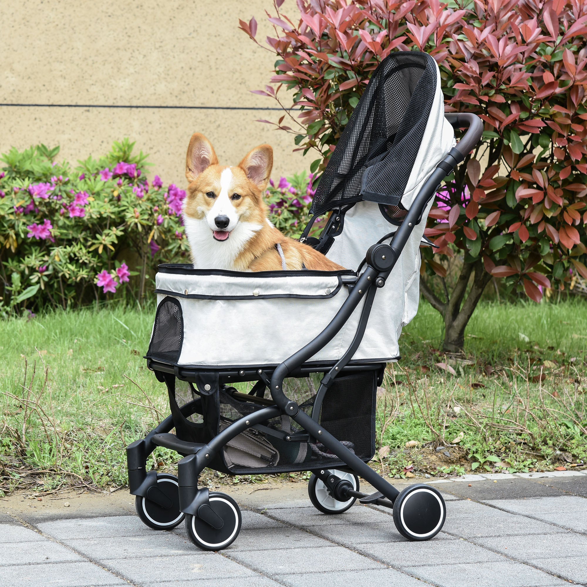 PawHut Travel Pet Stroller for Dogs, Cats, One-Click Fold Jogger Pushchair with Aluminum Frame, EVA Wheels, Brakes, Basket Storage, Safety Belts, Adjustable Canopy, Zippered Mesh Window Door, Beige