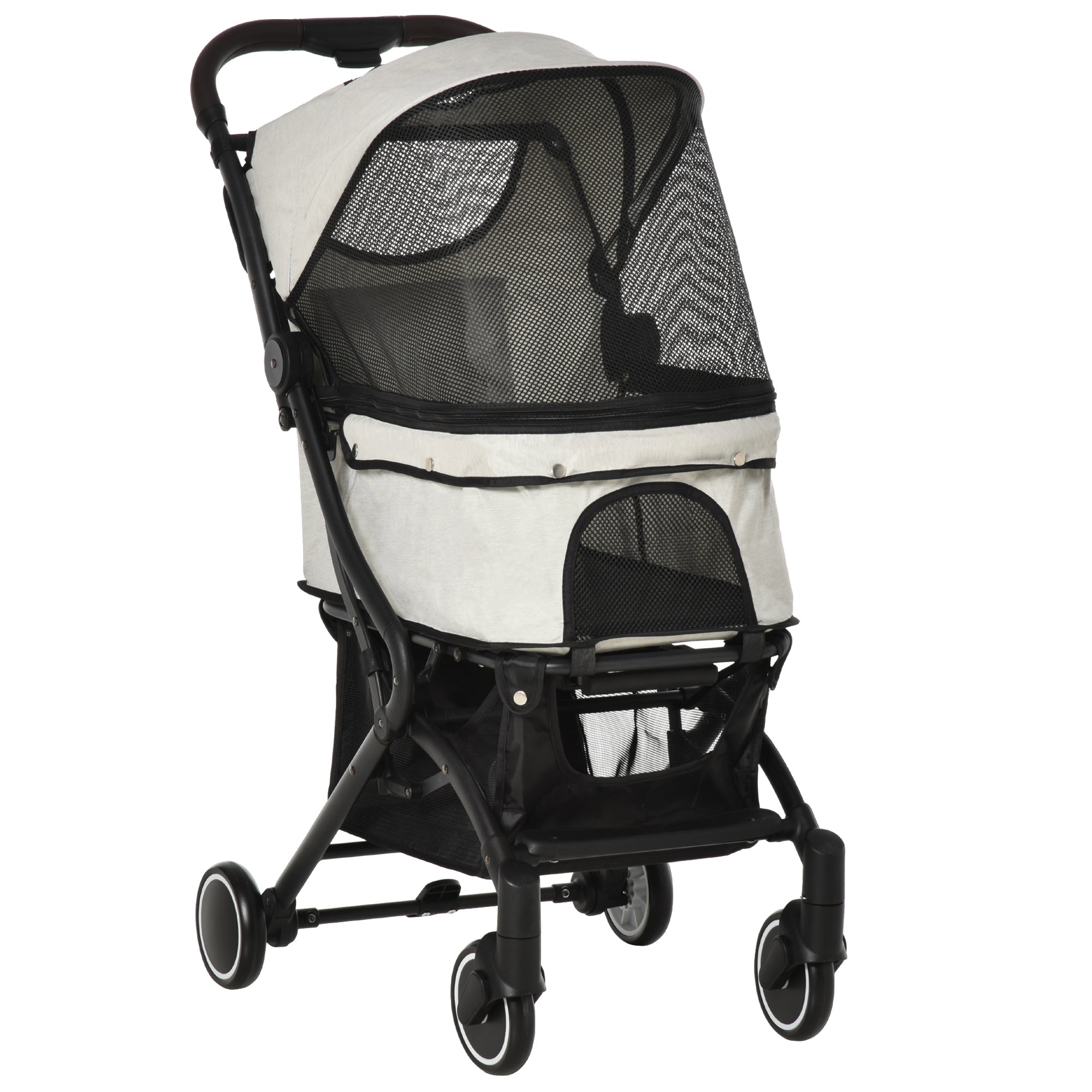 PawHut Travel Pet Stroller for Dogs, Cats, One-Click Fold Jogger Pushchair with Aluminum Frame, EVA Wheels, Brakes, Basket Storage, Safety Belts, Adjustable Canopy, Zippered Mesh Window Door, Beige