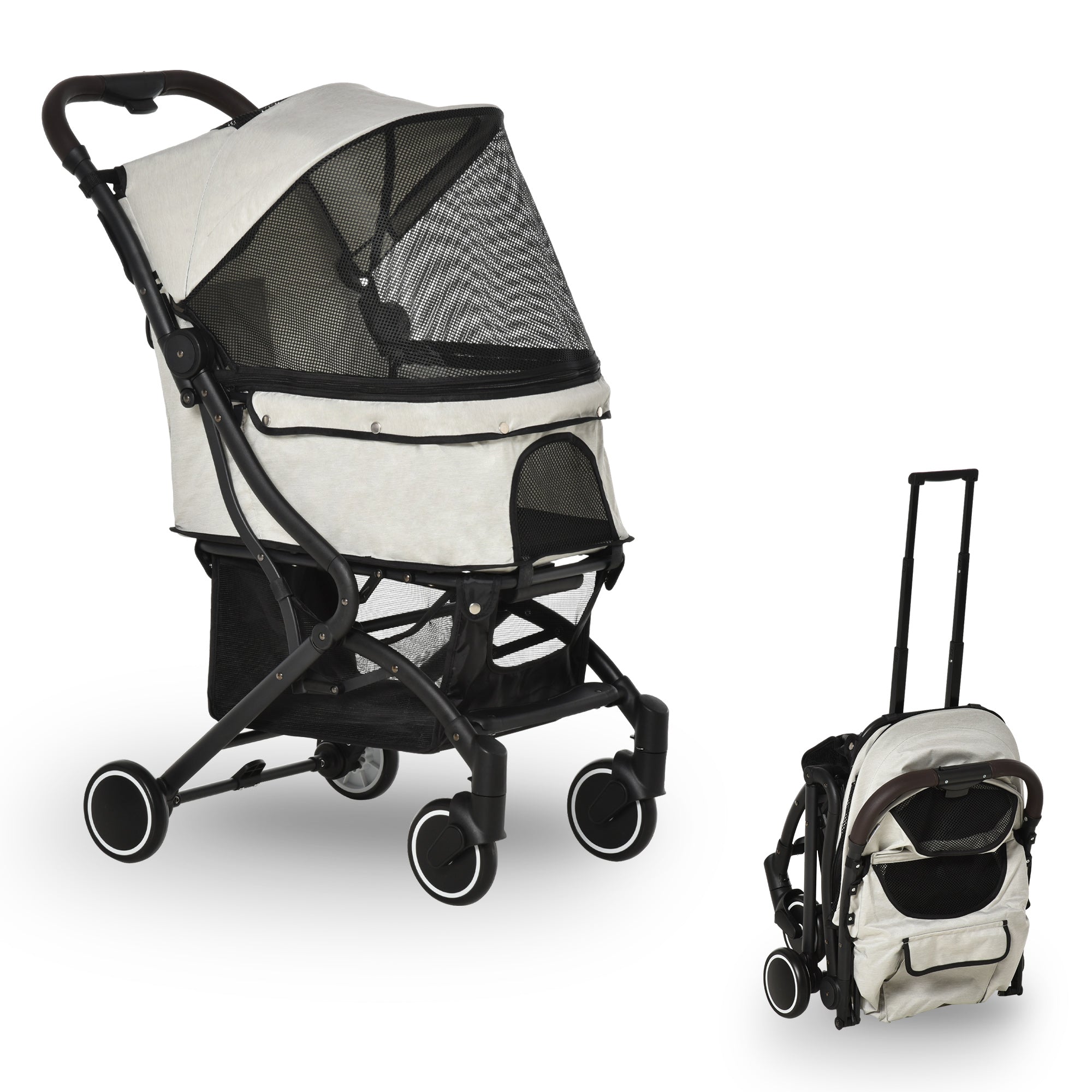 PawHut Travel Pet Stroller for Dogs, Cats, One-Click Fold Jogger Pushchair with Aluminum Frame, EVA Wheels, Brakes, Basket Storage, Safety Belts, Adjustable Canopy, Zippered Mesh Window Door, Beige