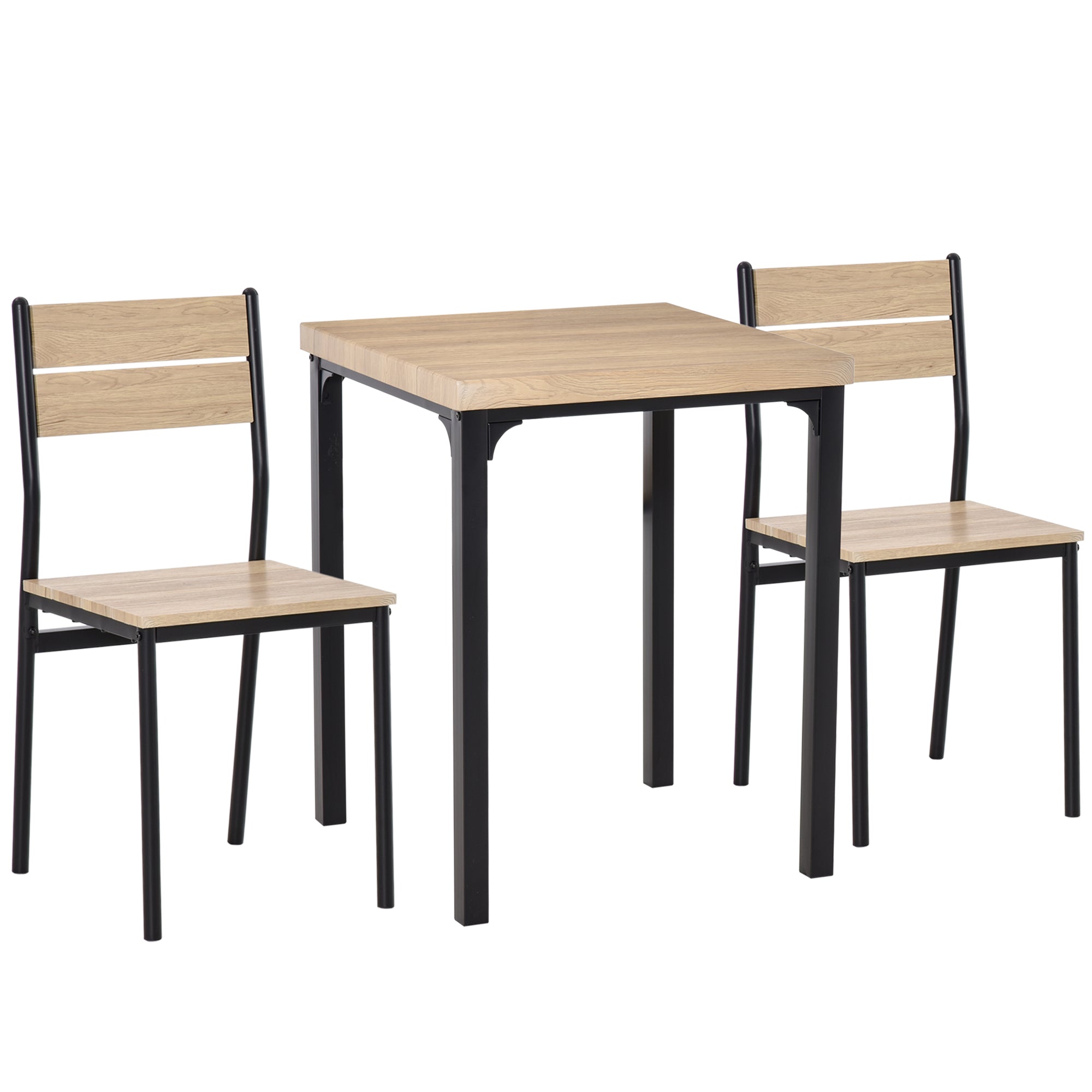 HOMCOM 3 Piece Dining Table Set for 2, Space Saving Kitchen Table and 2 Chairs, Square, Steel Frame for Dining Room, Natural