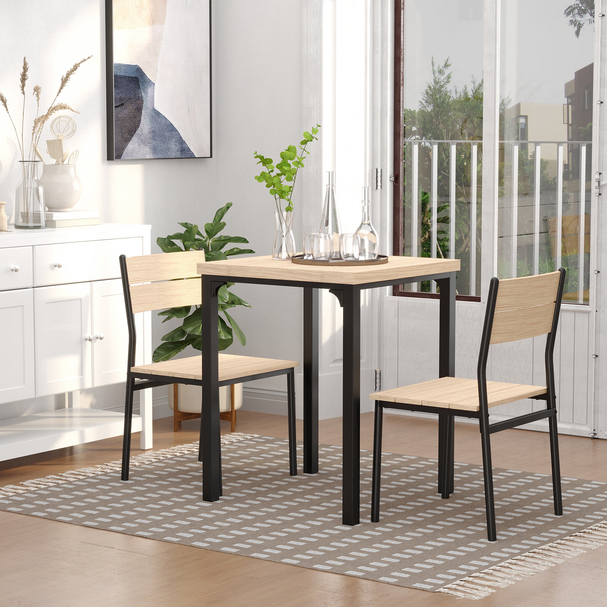 HOMCOM 3 Piece Dining Table Set for 2, Space Saving Kitchen Table and 2 Chairs, Square, Steel Frame for Dining Room, Natural
