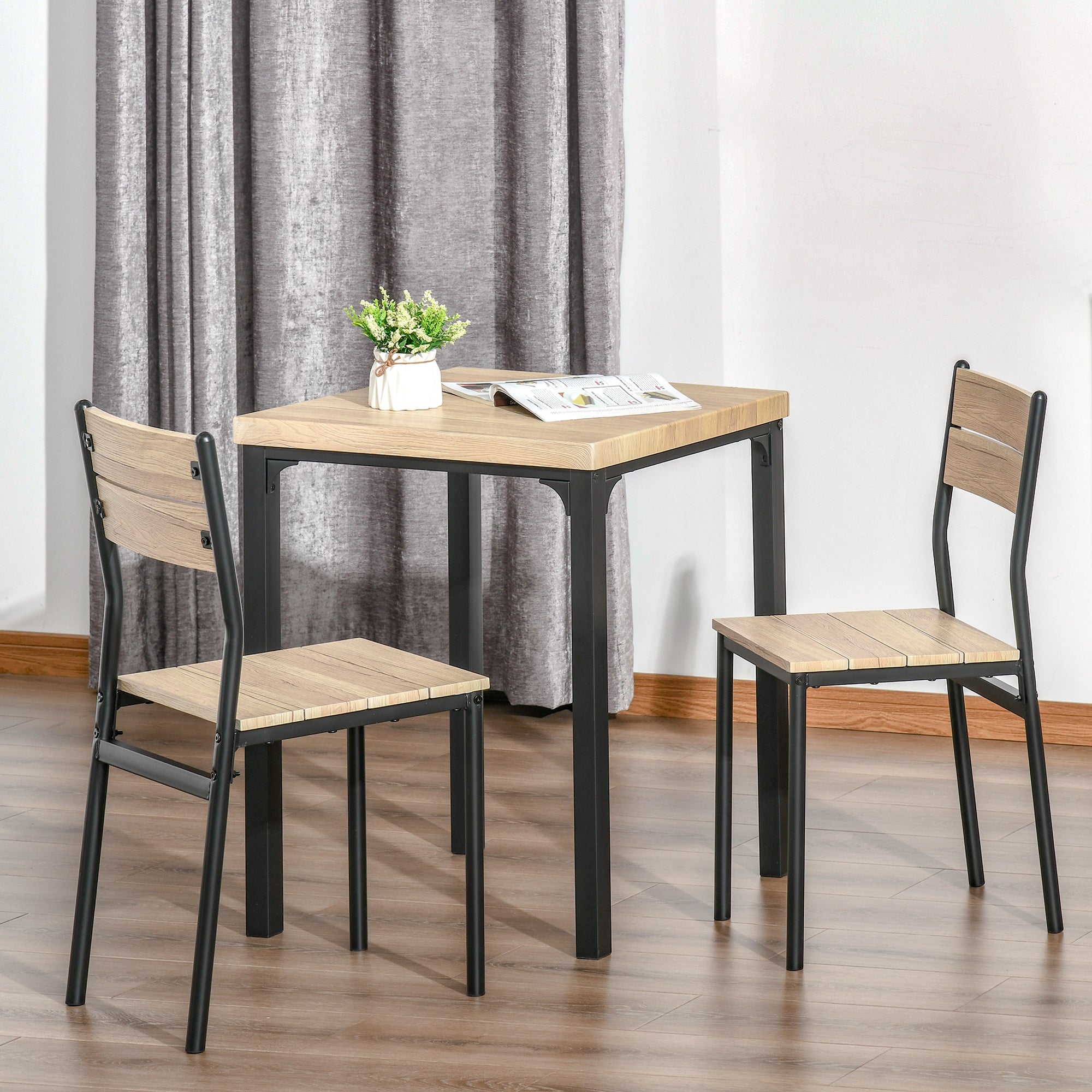 HOMCOM 3 Piece Dining Table Set for 2, Space Saving Kitchen Table and 2 Chairs, Square, Steel Frame for Dining Room, Natural