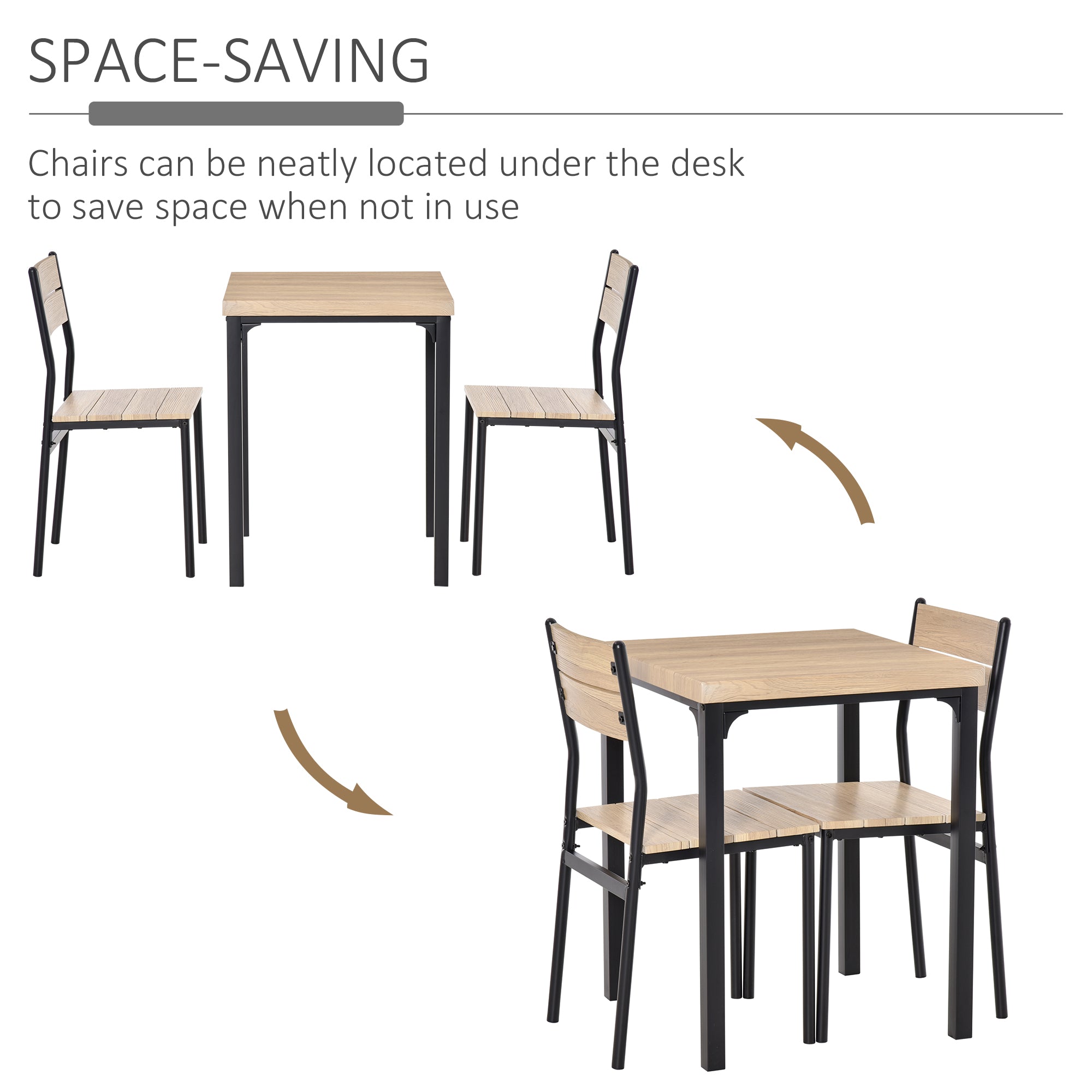 HOMCOM 3 Piece Dining Table Set for 2, Space Saving Kitchen Table and 2 Chairs, Square, Steel Frame for Dining Room, Natural