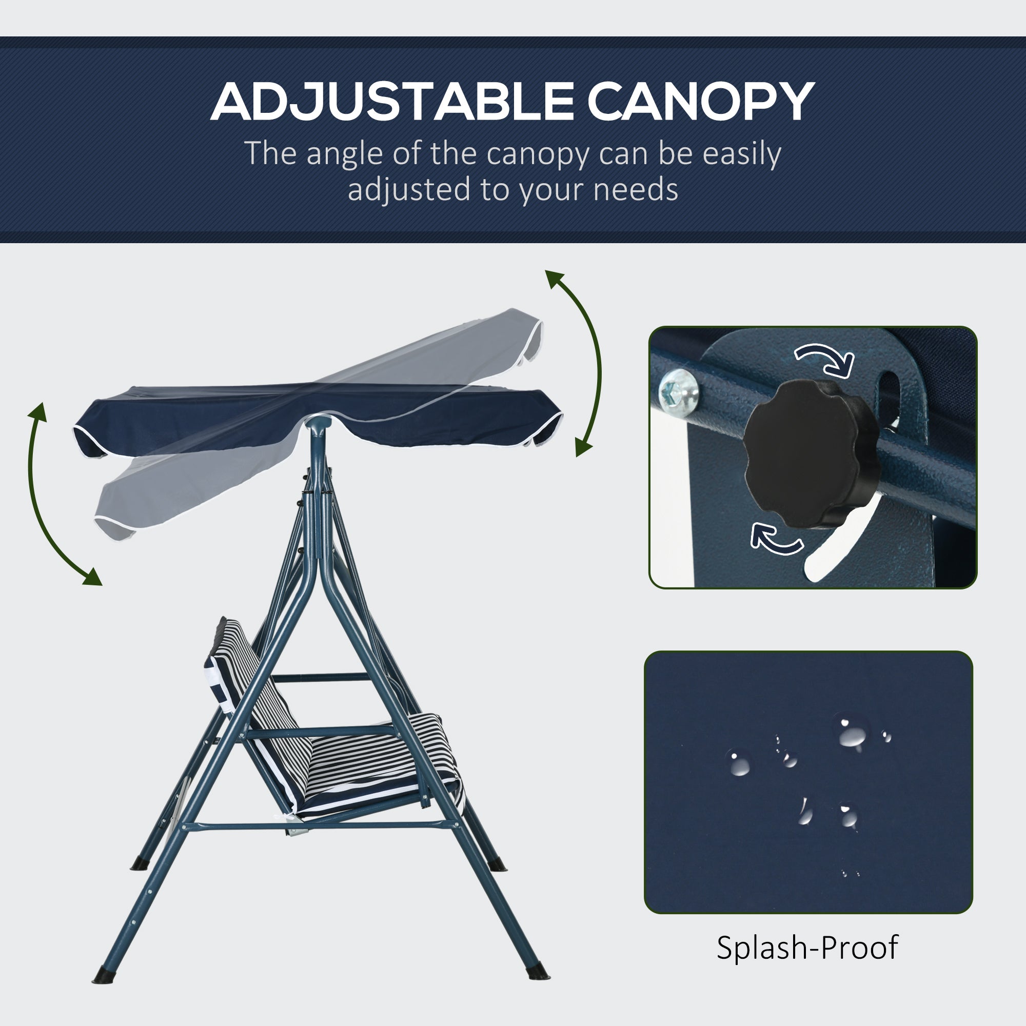 Outsunny 3-Seat Patio Swing Chair, Outdoor Porch Swing Glider with Adjustable Canopy, Removable Cushion, and Weather Resistant Steel Frame, for Garden, Poolside, Blue and White