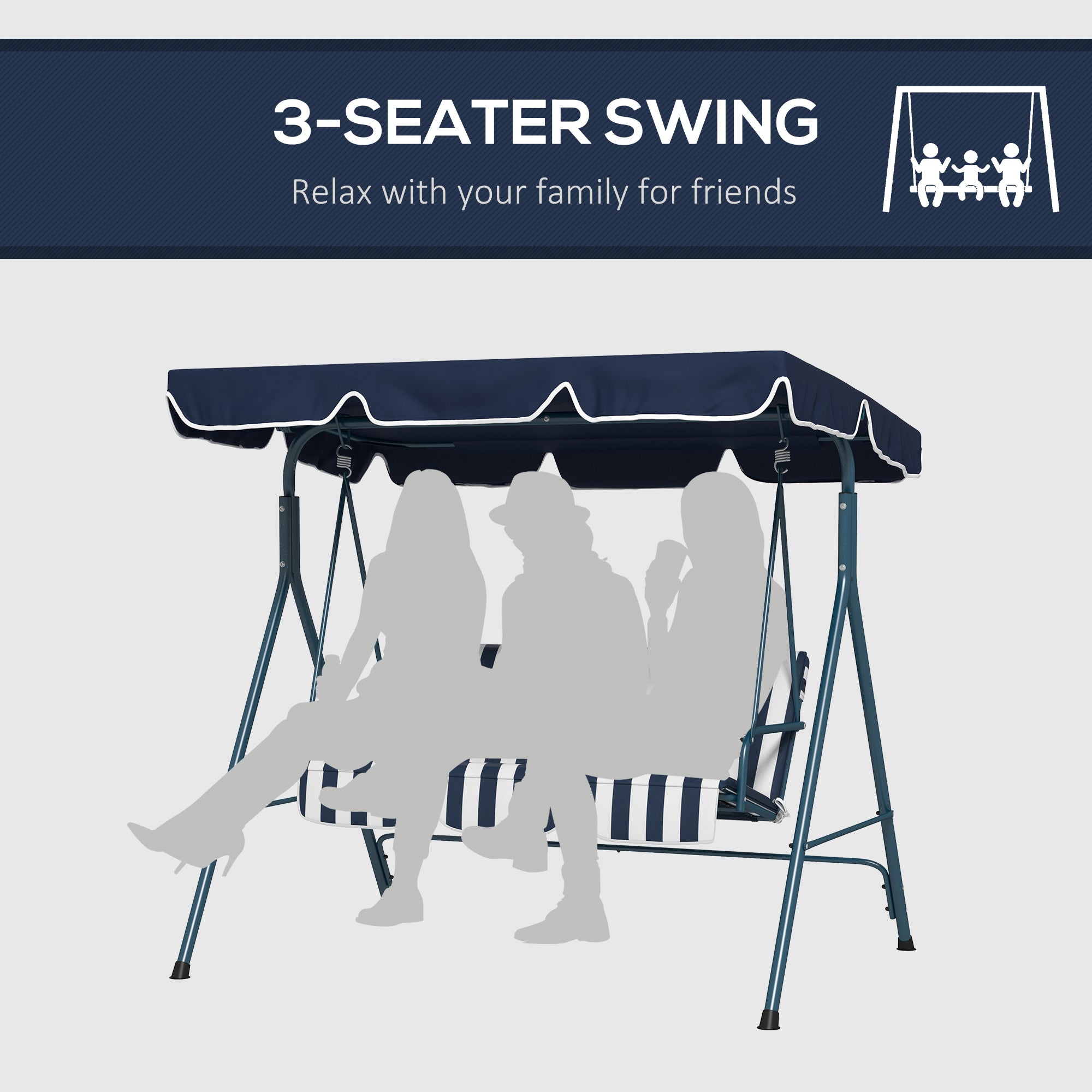 Outsunny 3-Seat Patio Swing Chair, Outdoor Porch Swing Glider with Adjustable Canopy, Removable Cushion, and Weather Resistant Steel Frame, for Garden, Poolside, Blue and White