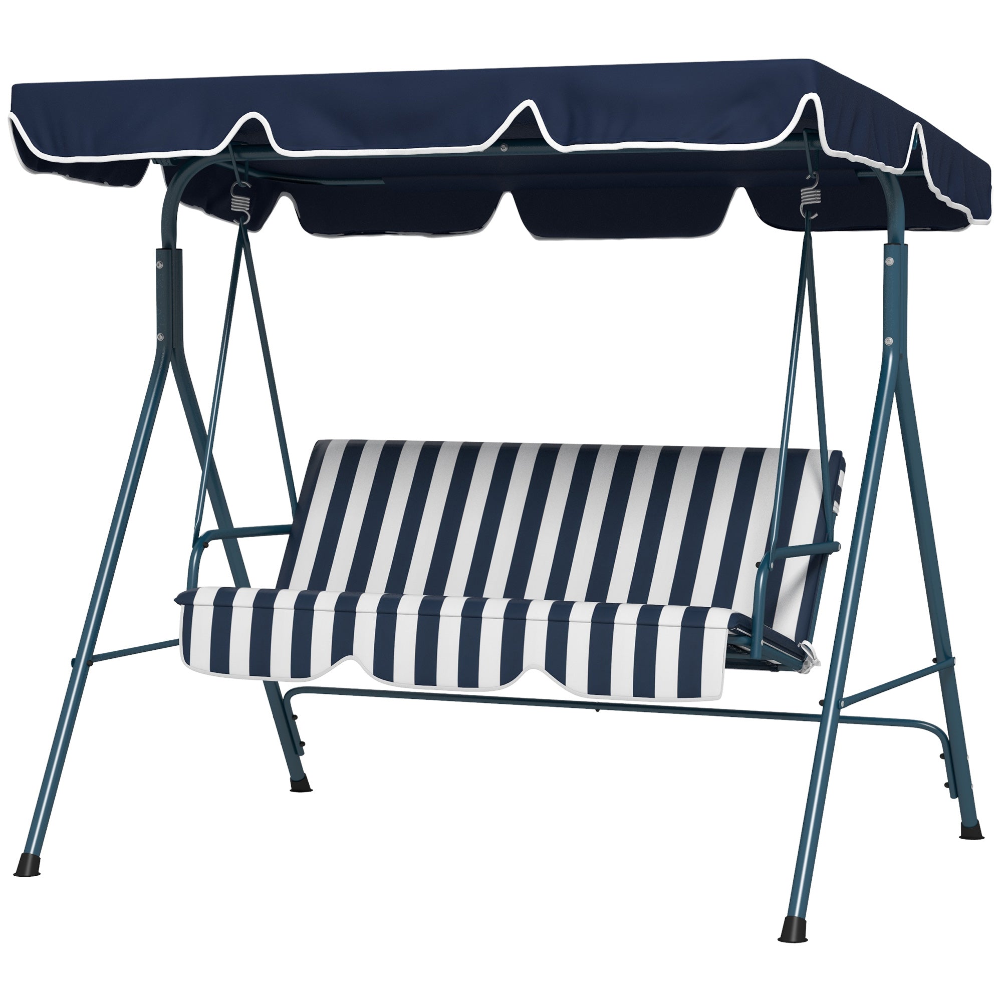 Outsunny 3-Seat Patio Swing Chair, Outdoor Porch Swing Glider with Adjustable Canopy, Removable Cushion, and Weather Resistant Steel Frame, for Garden, Poolside, Blue and White